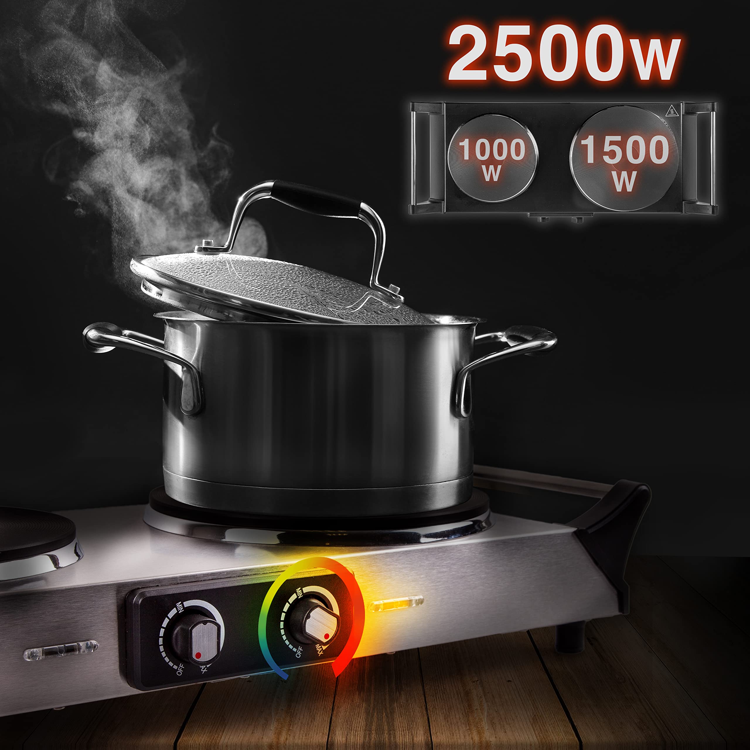 Zoomgoods HP2 SS double hob hot plate wattage 1000W and 1500W for home, kitchen, pots, camping