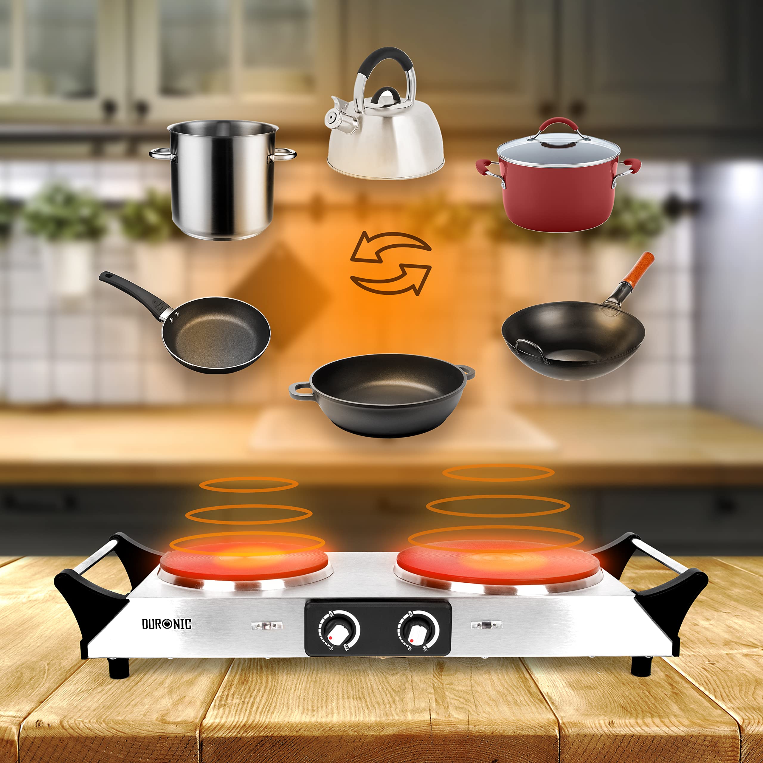 Zoomgoods HP2 SS electric double hot plate compatible with pots, pans, kettles, woks, bowls