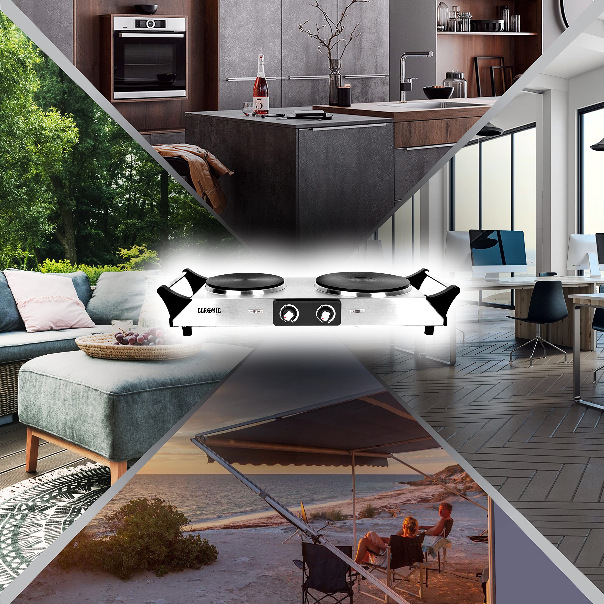 Zoomgoods HP2 SS portable hot plate use in various settings like kitchen, office, holiday, patio, home