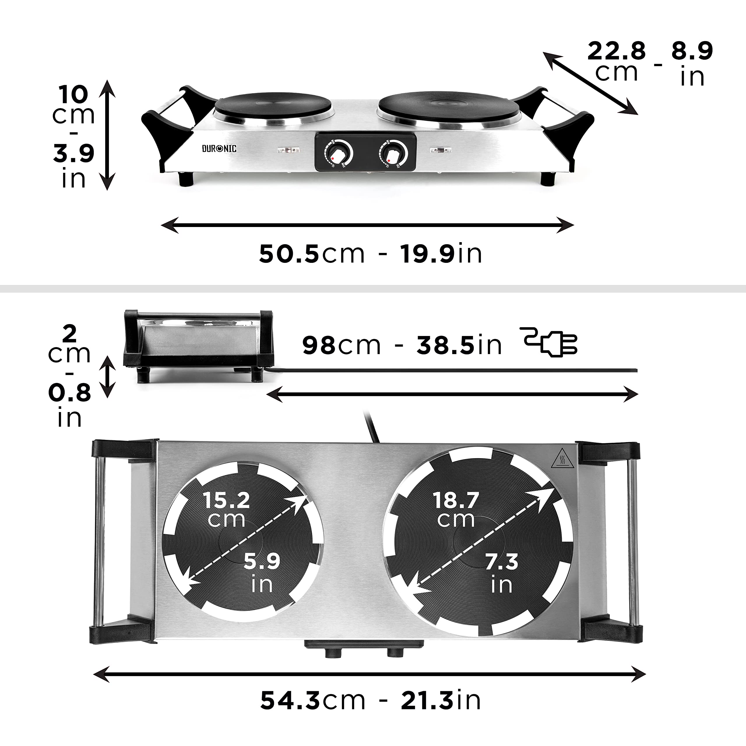 Zoomgoods HP2 SS stainless steel double hot plate dimensions with UK plug height, length, depth, width