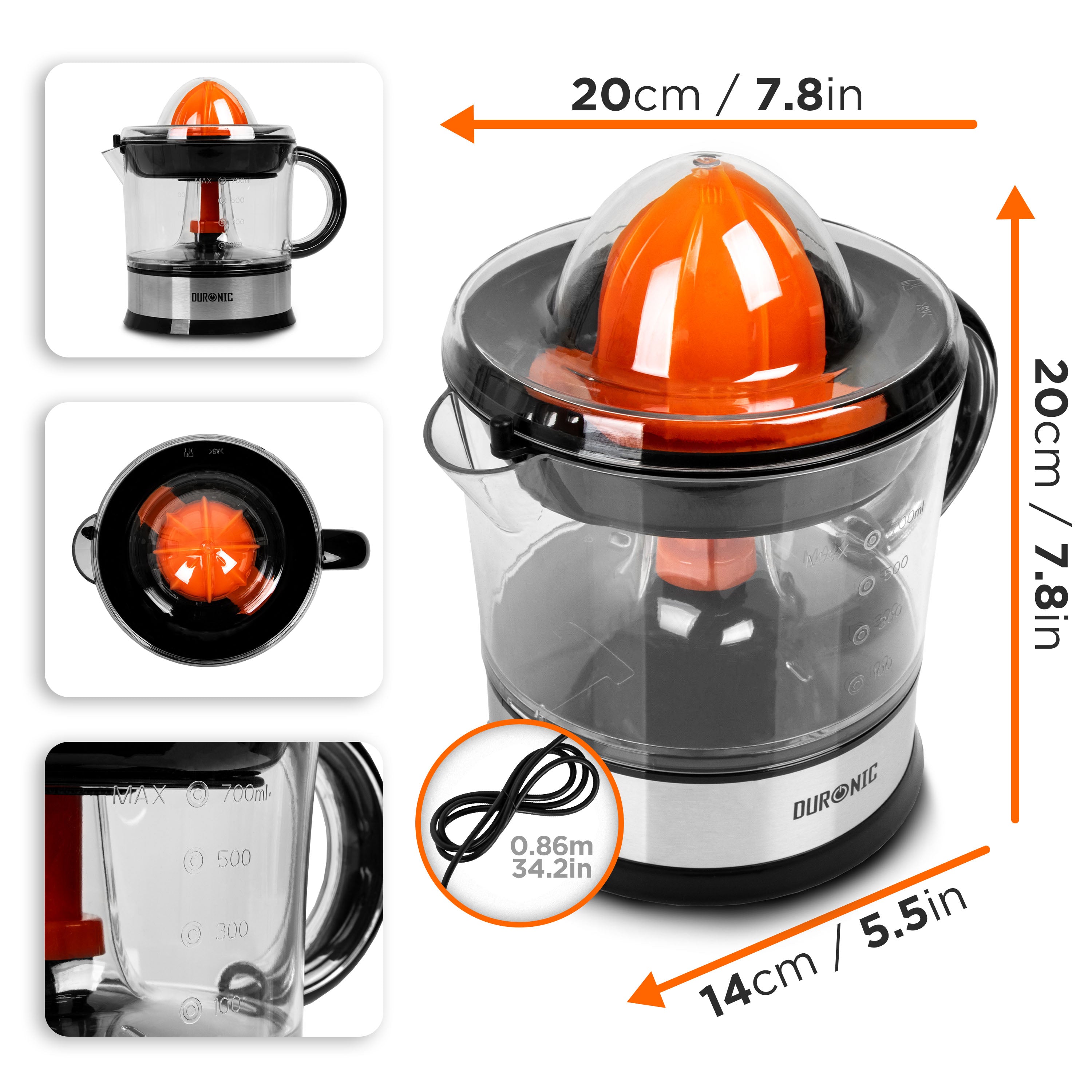 Zoomgoods JE407 electric citrus juicer dimensions with different angles and cable length
