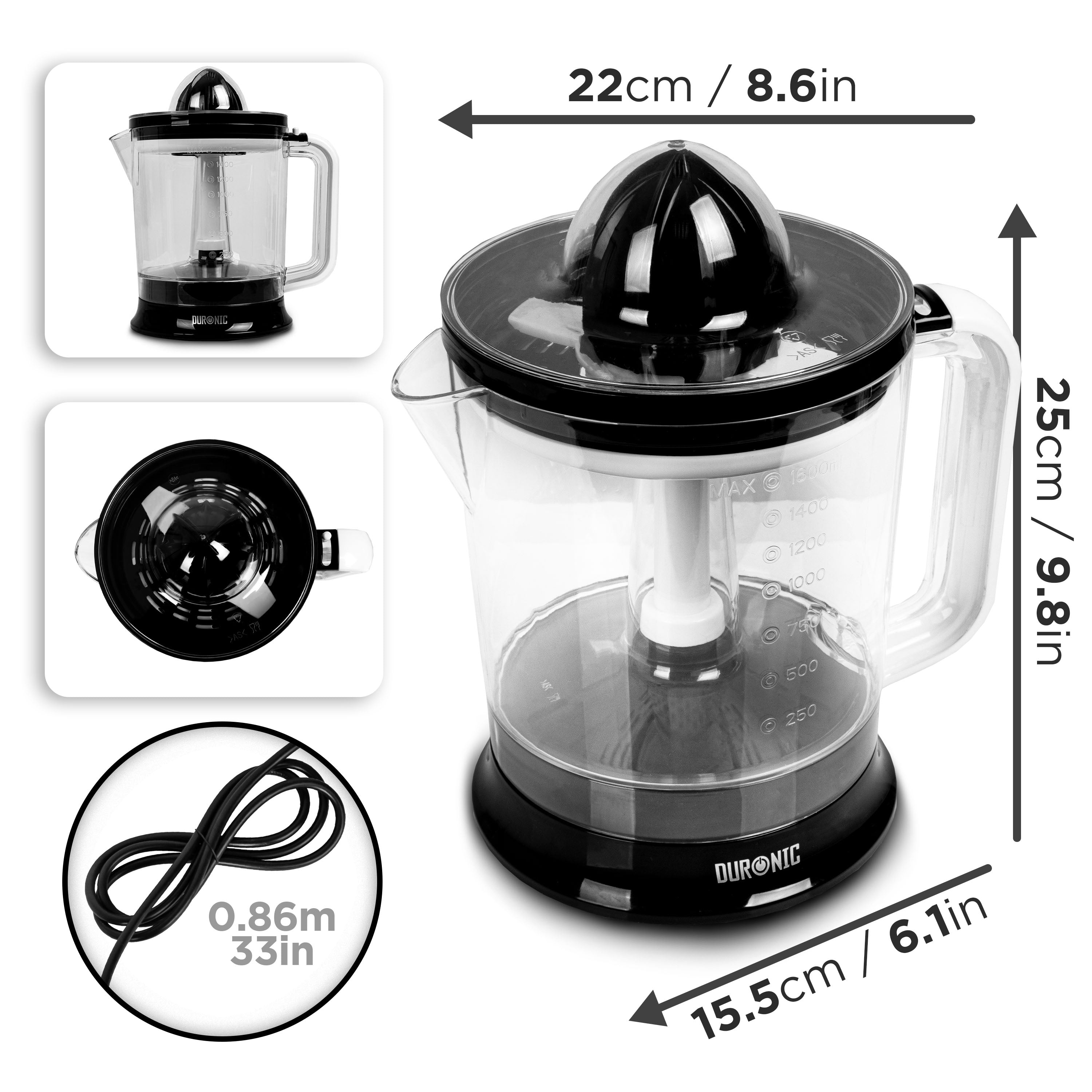 Zoomgoods JE416 citrus juicer dimensions with overview of the juicer's jug