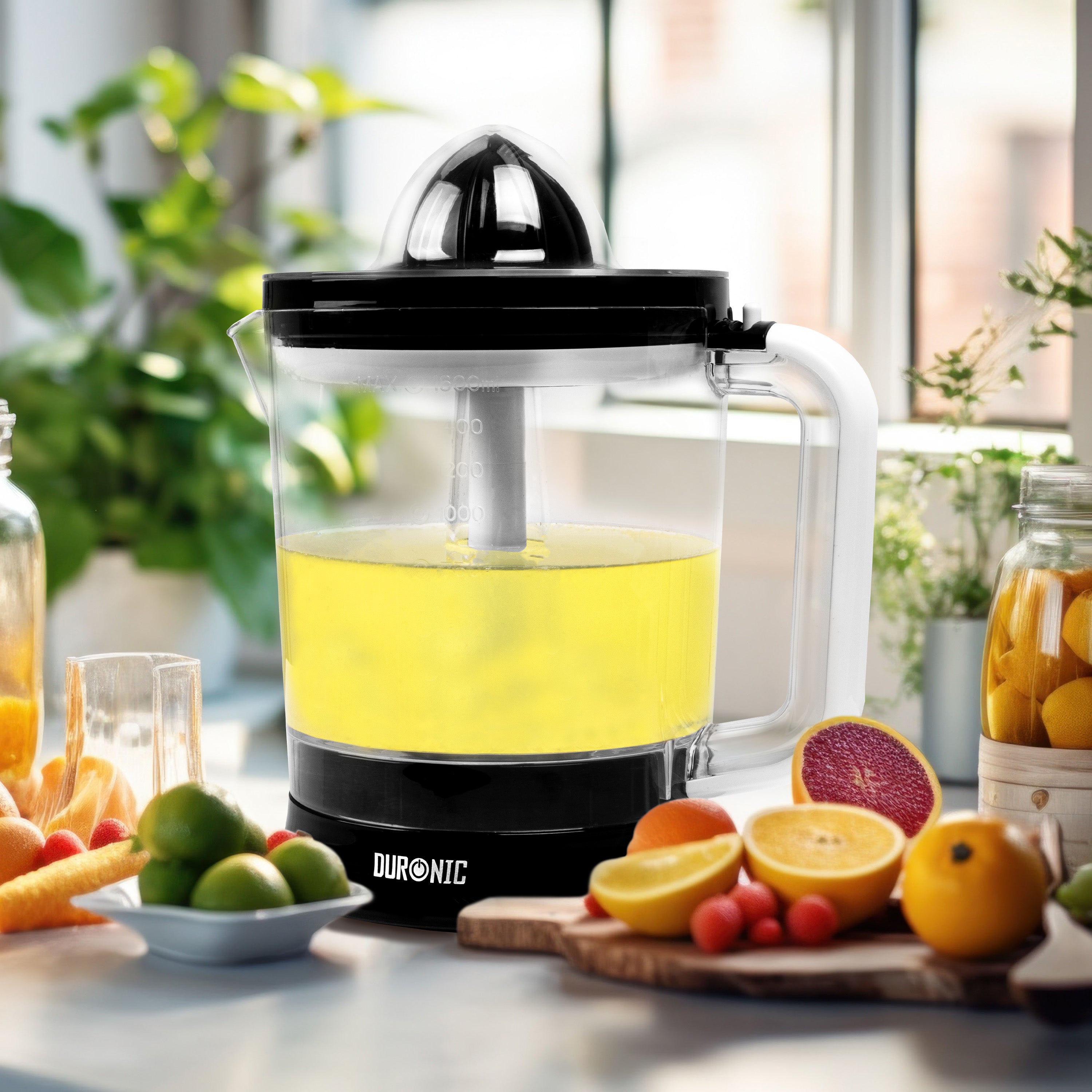 Zoomgoods JE416 citrus juicer making fresh juice surrounded by ingredients like lemons, grapefruits, limes