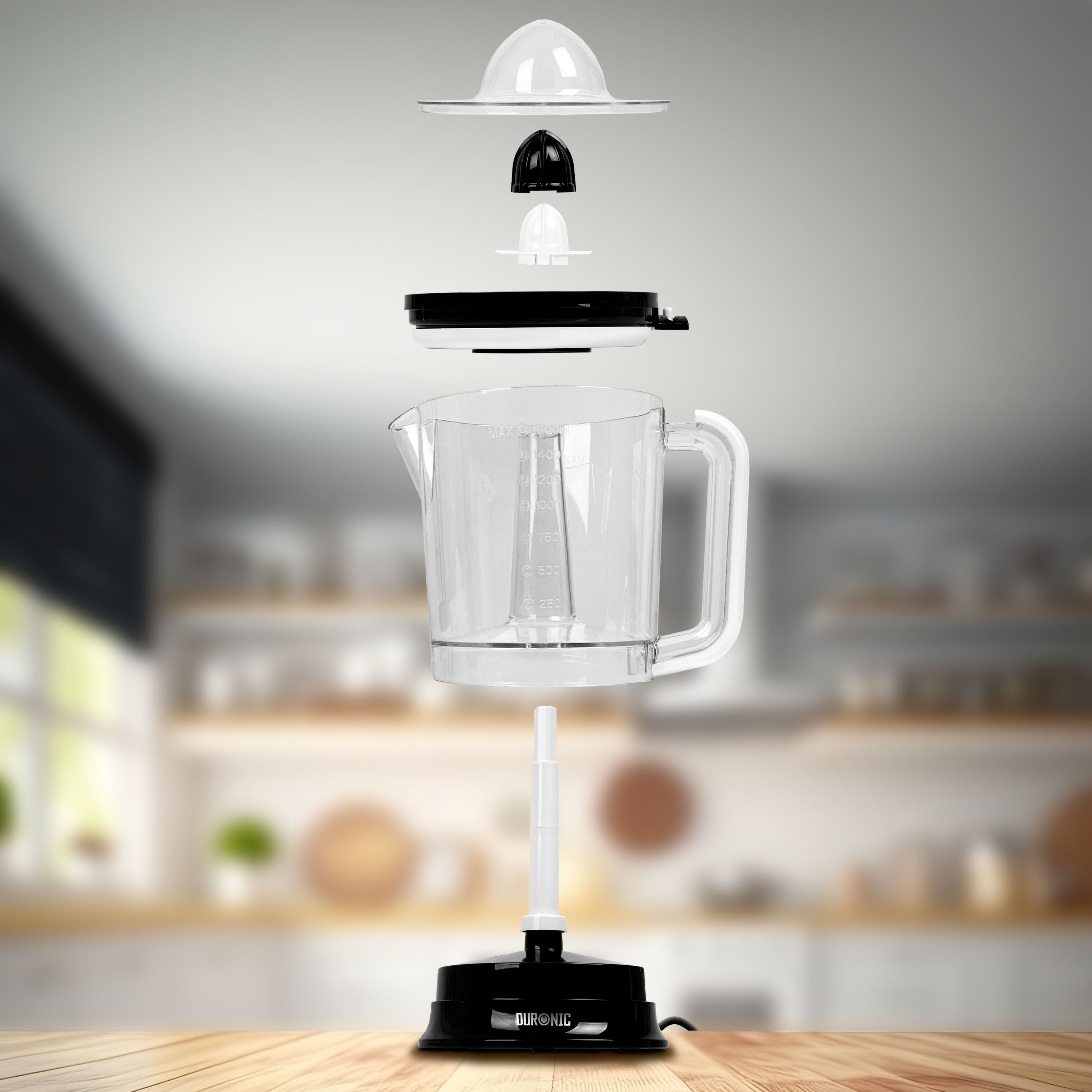 Zoomgoods JE416 electric citrus juicer deconstructed to show each individual part