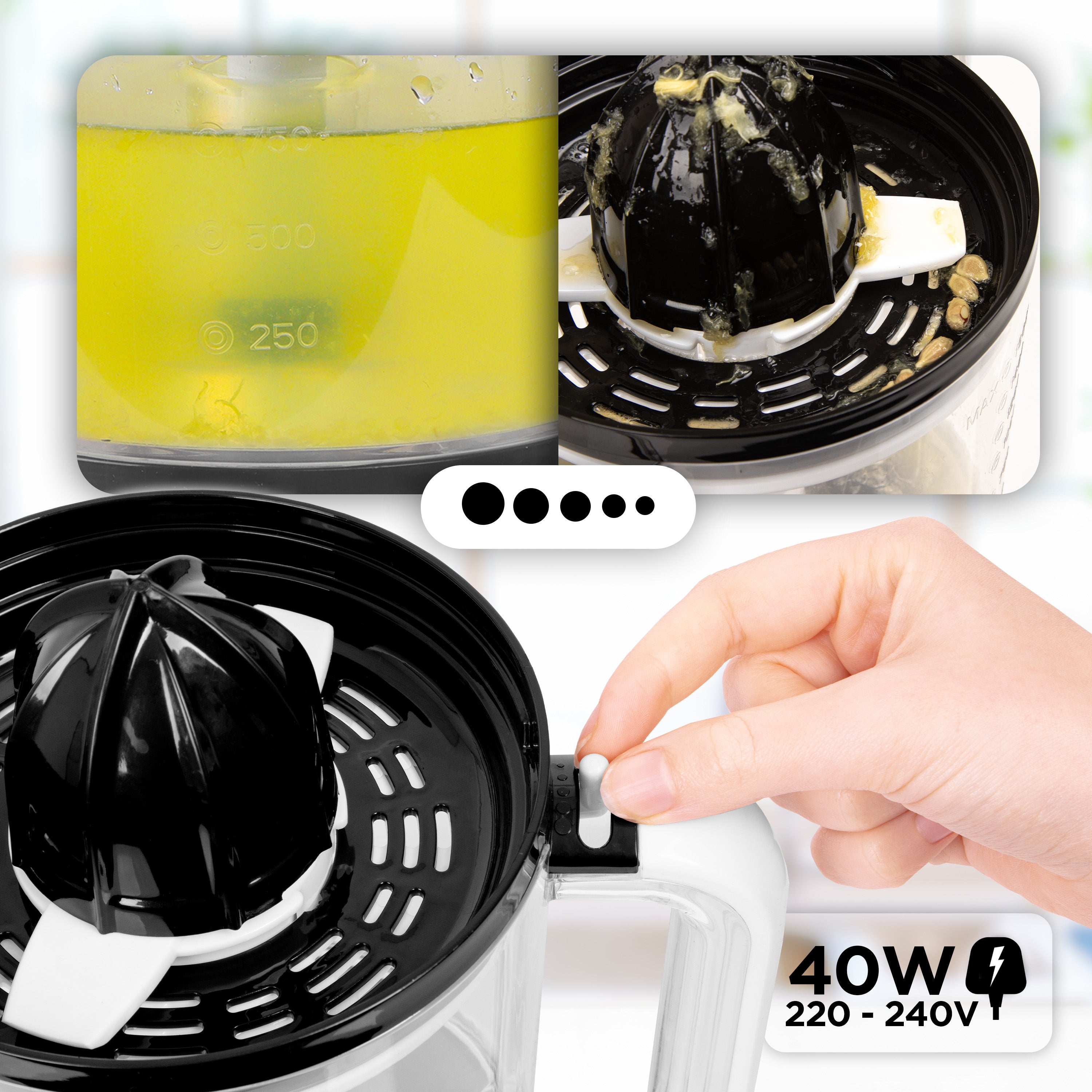 Zoomgoods JE416 electric citrus juicer with pulp filter system to separate seeds and for personal juice preference