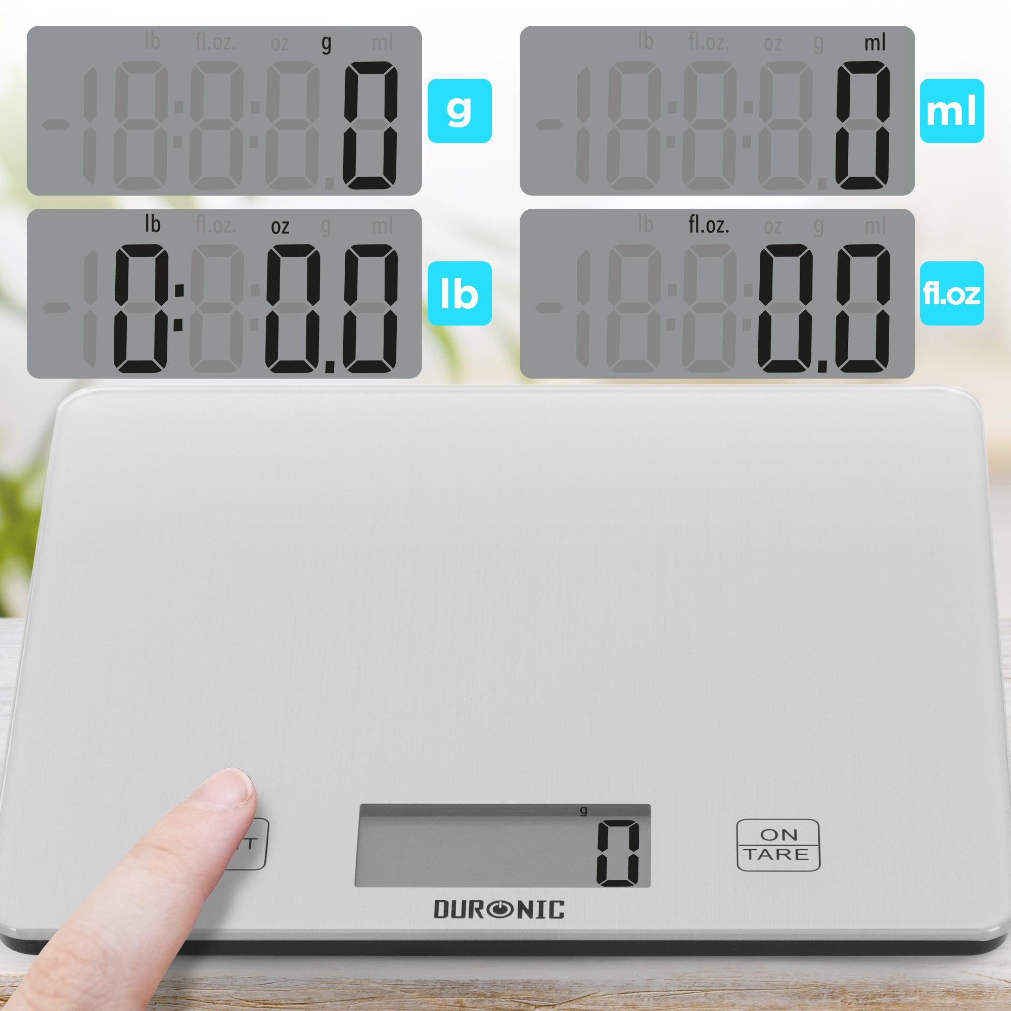 Zoomgoods KS1080 digital weighing scale includes 4 units of measuring in grams, millilitres, pounds, ounces, and fluid ounces