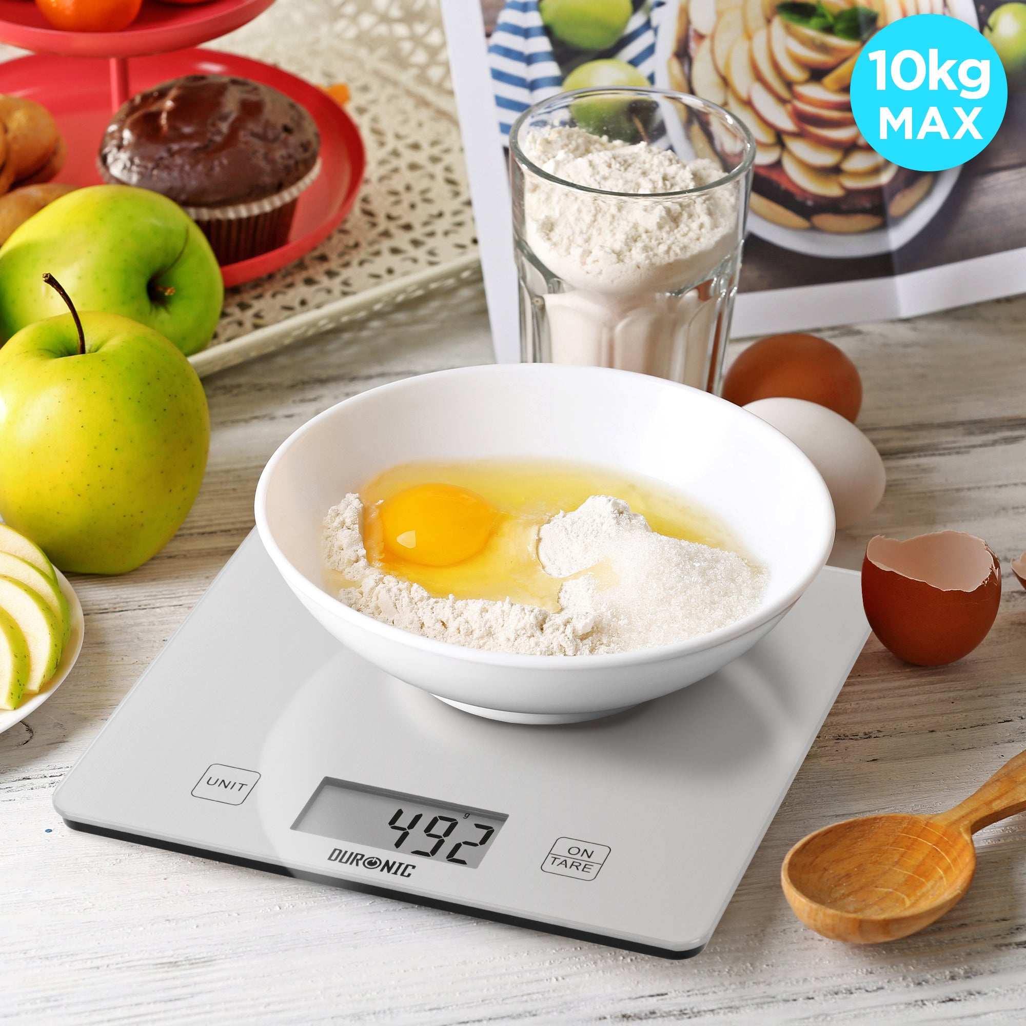 Zoomgoods KS1080 digital weight scale with 10kg maximum capacity for weighing food, cooking, baking in kitchen, office, school