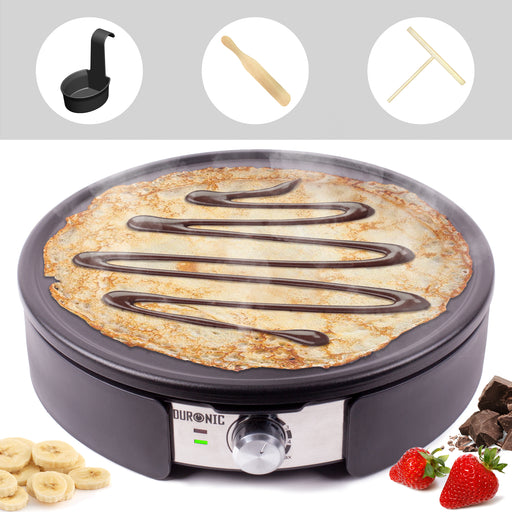 Zoomgoods PM152 crepe/pancake maker cooking thin pancake with chocolate drizzle comes with 3 attachments