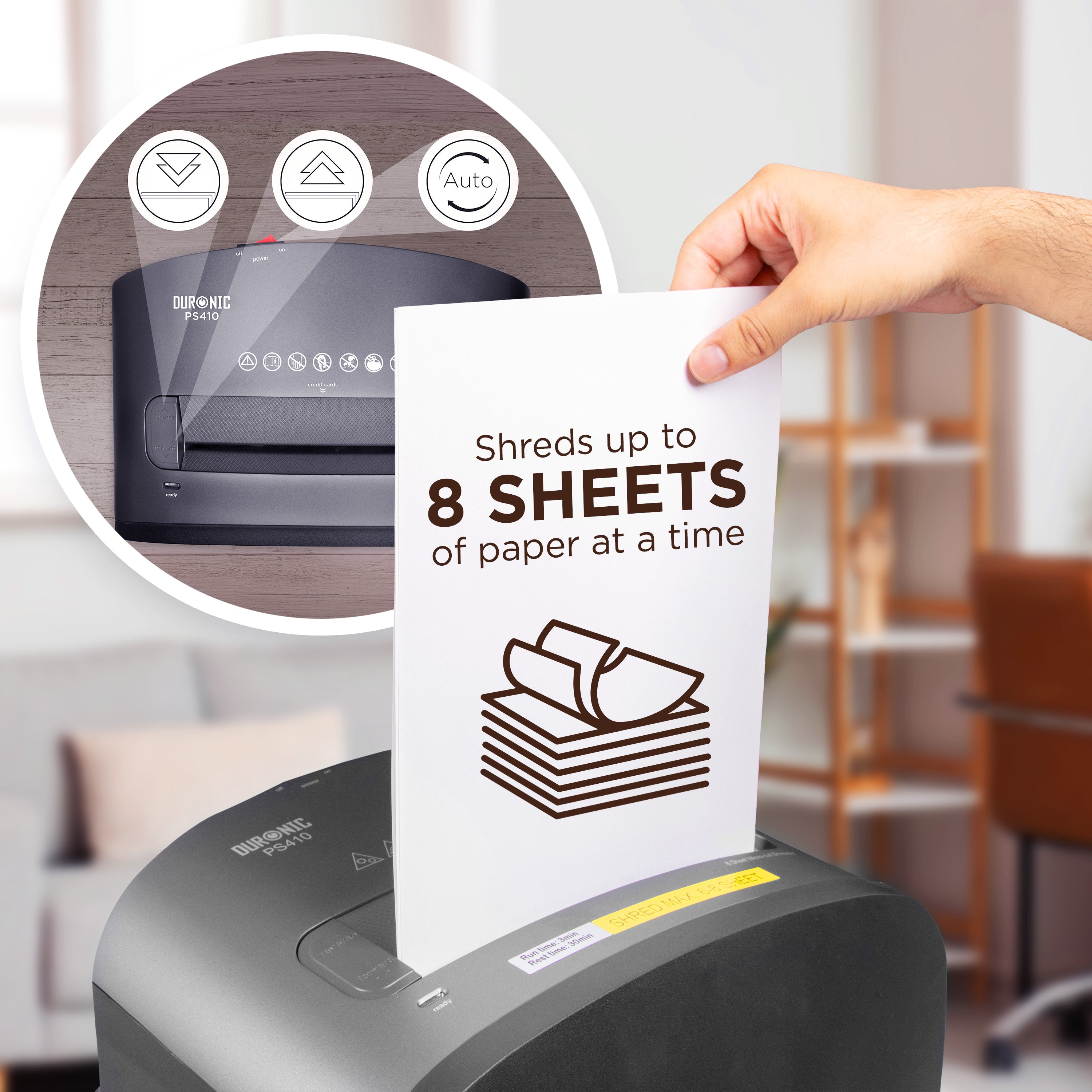 Zoomgoods PS410 electric paper shredder showing that it can shred up to 8 sheets of paper at a time