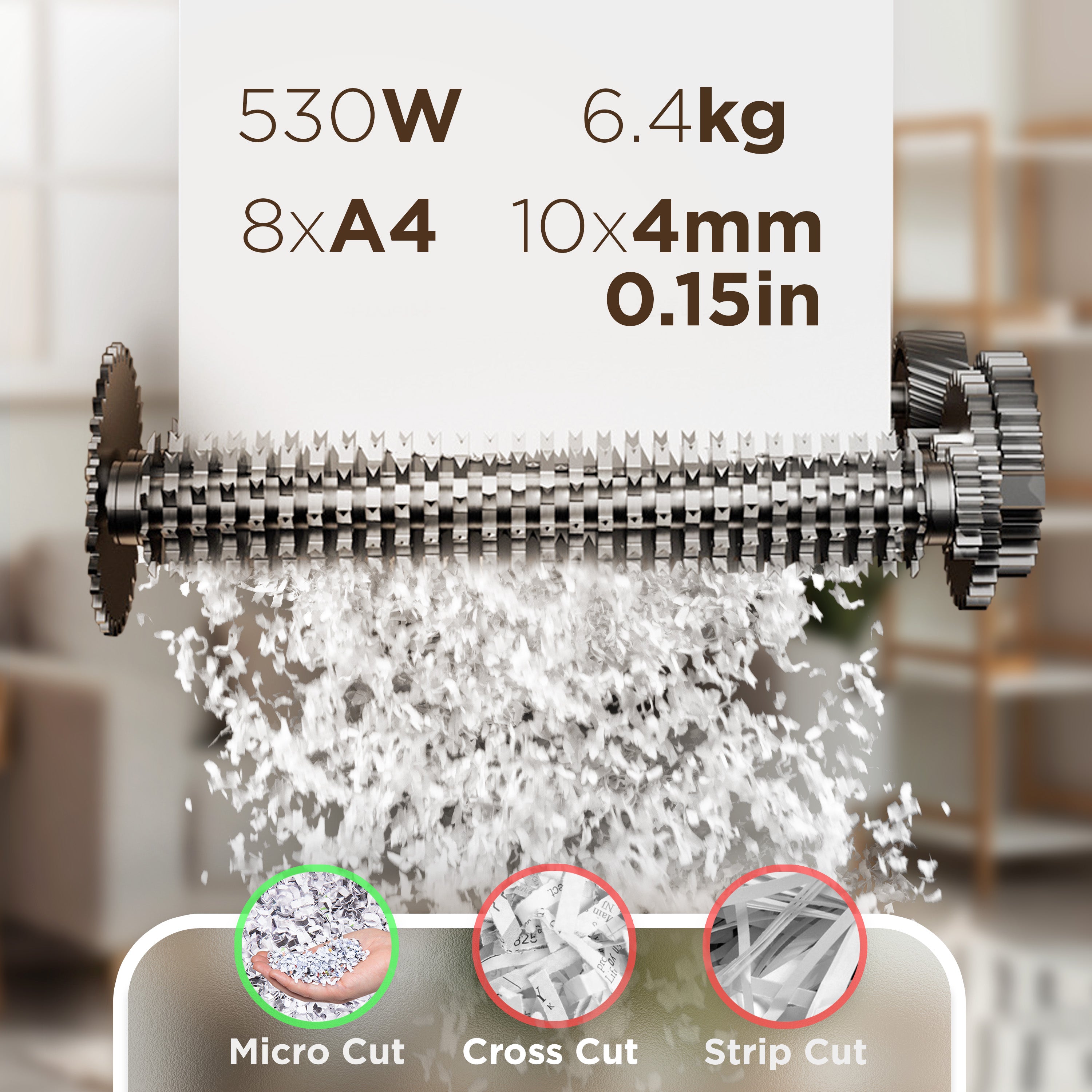 Zoomgoods PS410 micro cut paper shredder with 530W wattage weighing 6.4kg to shred 8 A4 sheets of paper