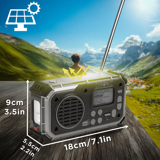 Zoomgoods Portable DAB Radio with product dimension and solar charging