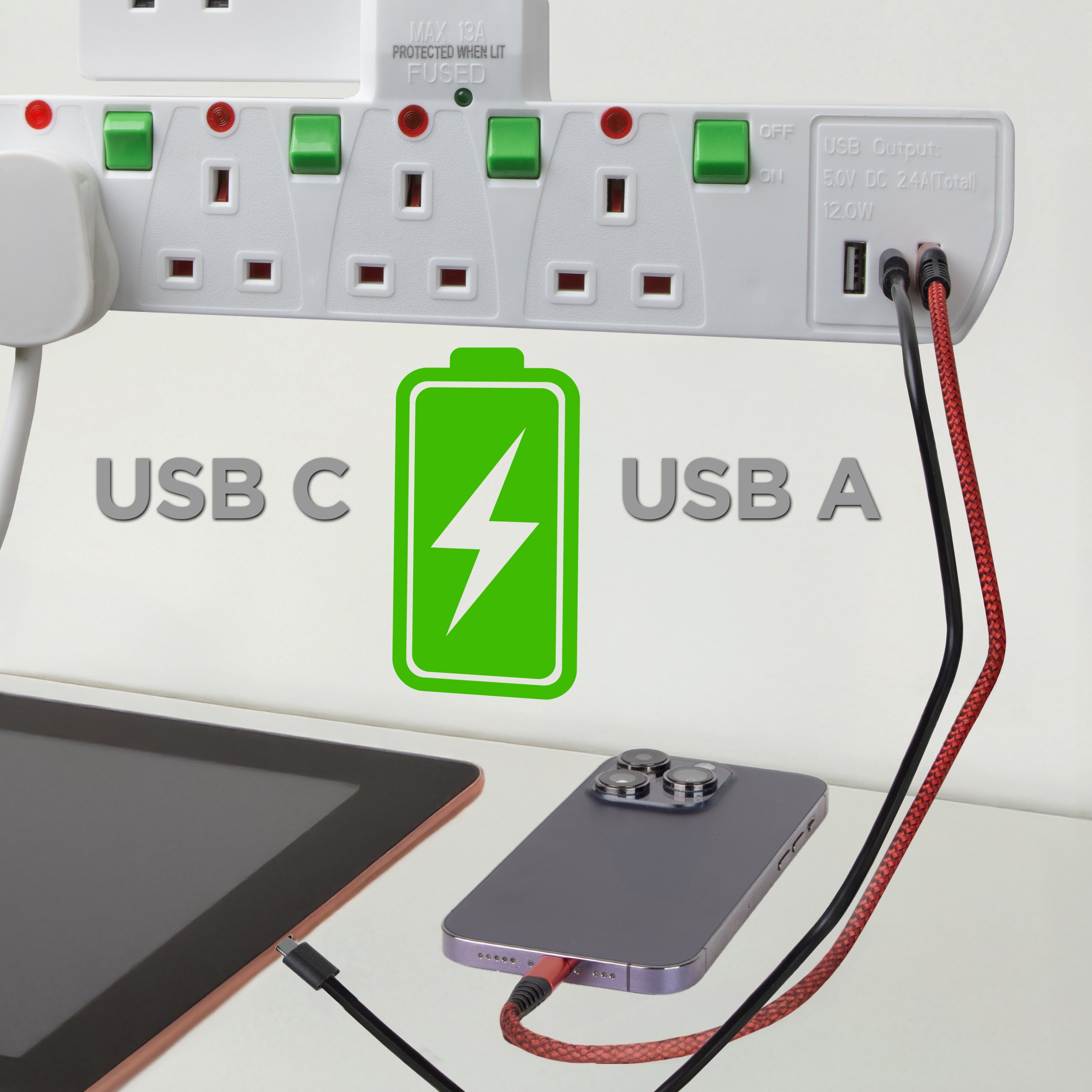 Zoomgoods S125W electric surge protected extension lead with USB showing iPhone phone charging with USB cable