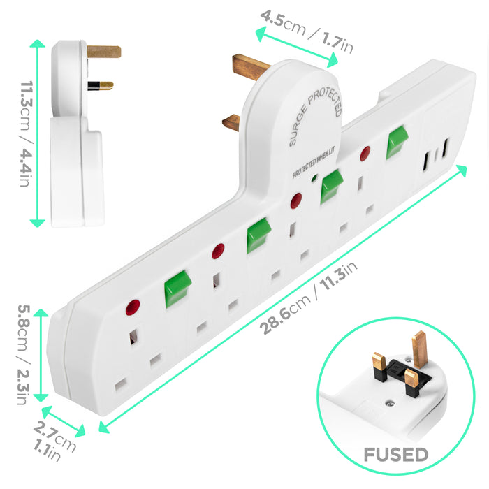 Zoomgoods S125W surge protected extension lead with USB dimensions length, height, width sockets for UK plugs