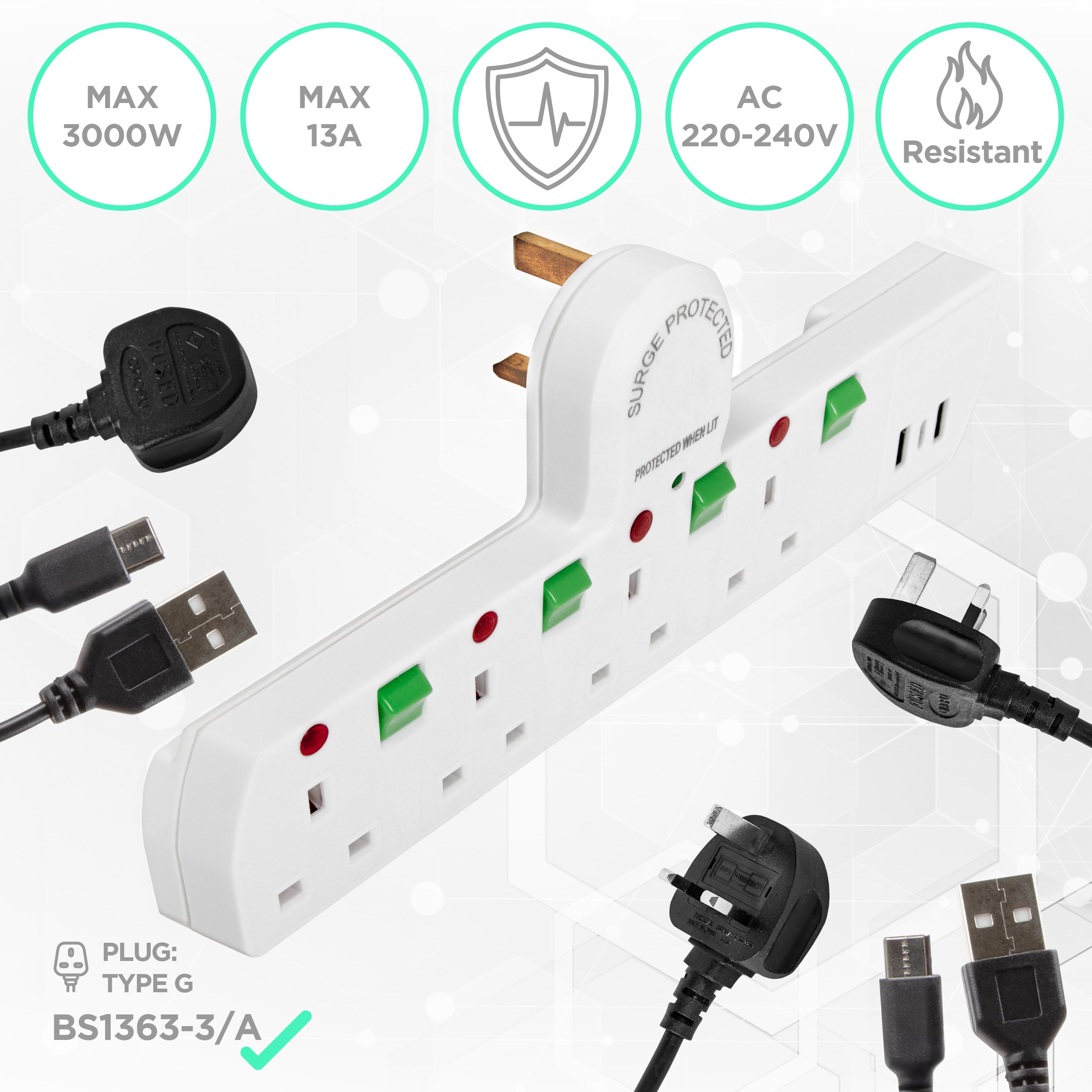 Zoomgoods S125W surge protected extension lead with USB max wattage 3000W flame resistant for UK plugs
