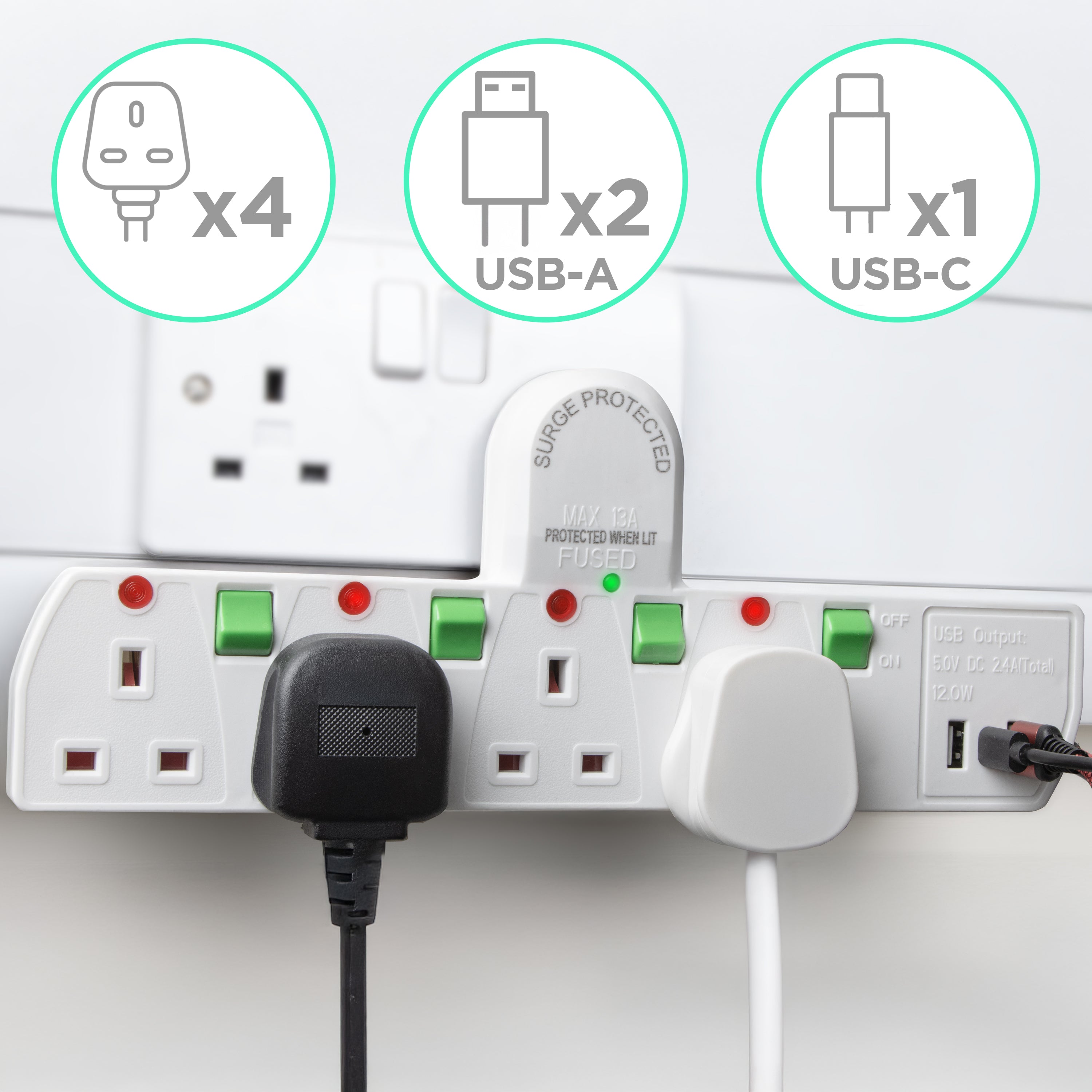 Zoomgoods S125W surge protection extension lead with USB multiplug socket for 4x UK plugs or 2x USB-A, 1x USB-C cable