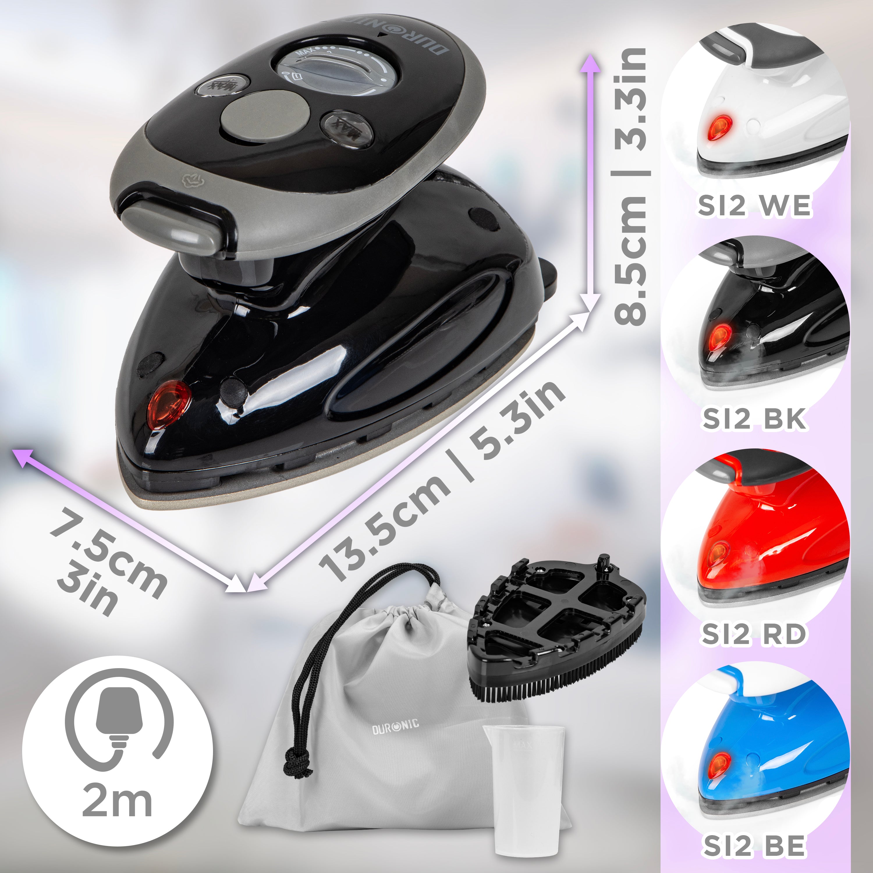 Zoomgoods SI2 travel iron different colourways black white red blue dimensions with UK plug