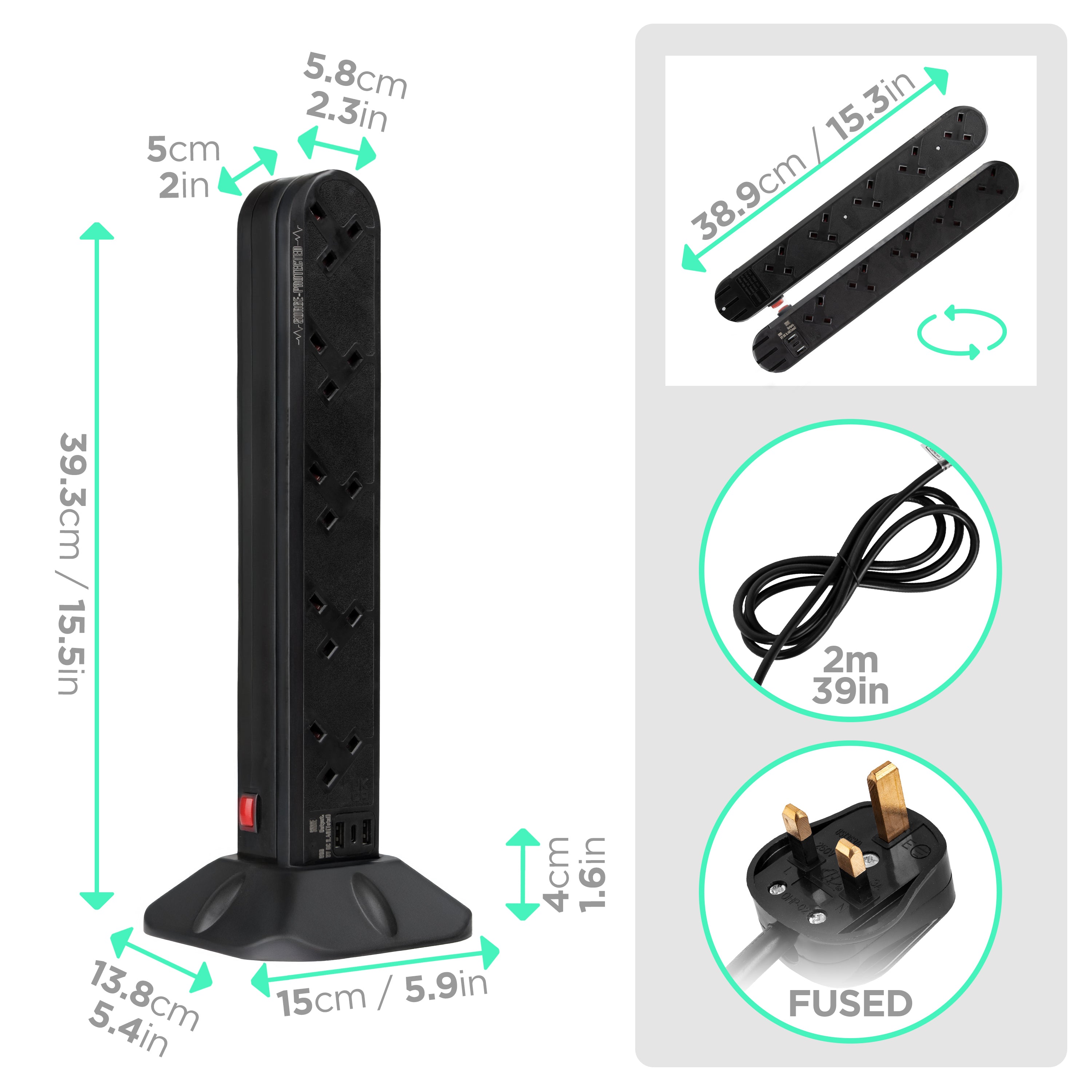 Zoomgoods ST10B surge tower multiplug extension lead dimensions height, length, width, depth with UK BS Plug
