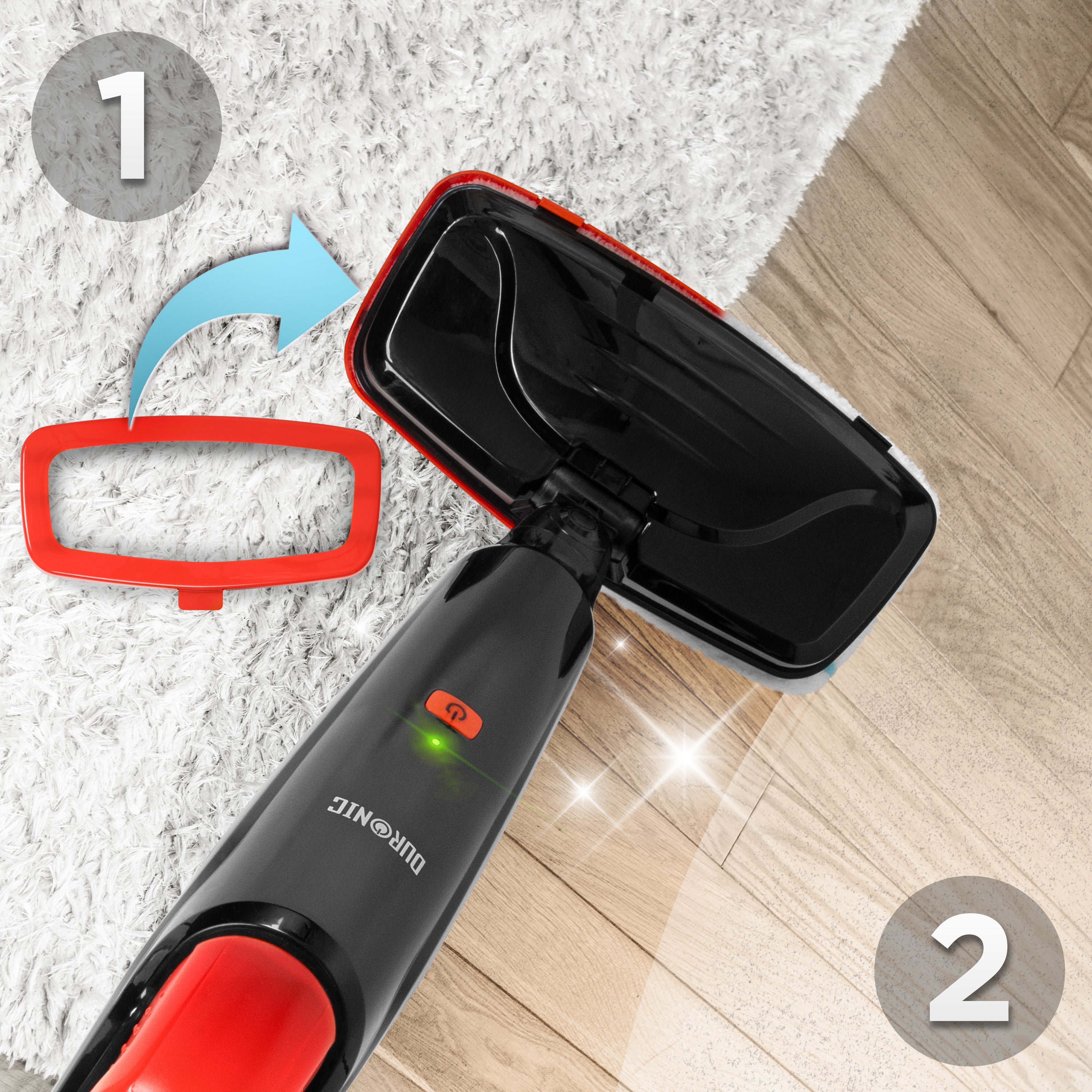 Zoomgoods STM15 BK Steam Mops cleaner shown transitioning between cleaning a white shag carpet with a carpet glider attachment and polishing a light wood floor.
