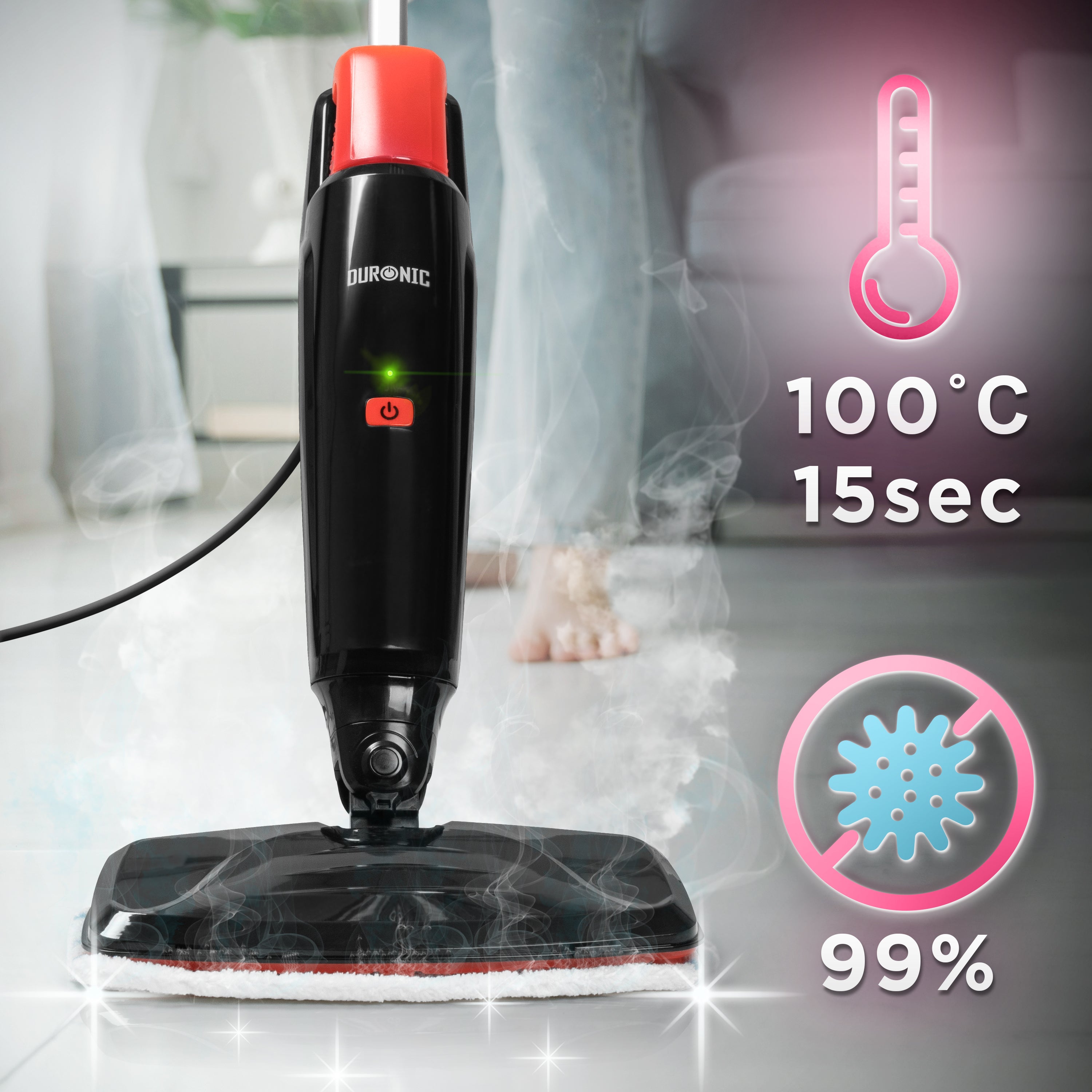 Zoomgoods STM15 BK Steam Mops cleaning a tiled floor, highlighting a 100°C temperature reached in 15 seconds and a 99% bacteria elimination rate.
