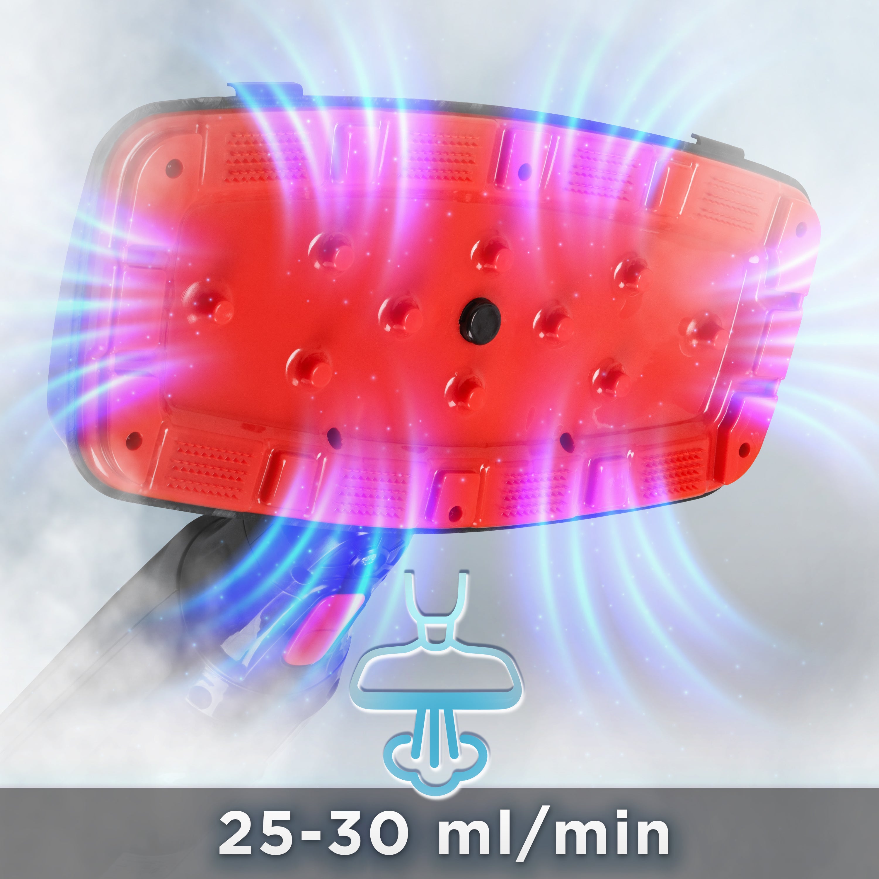 Zoomgoods STM15 BK Steam Mops steamer head with a red heated plate emitting a powerful steam output of 25-30 ml/min.

