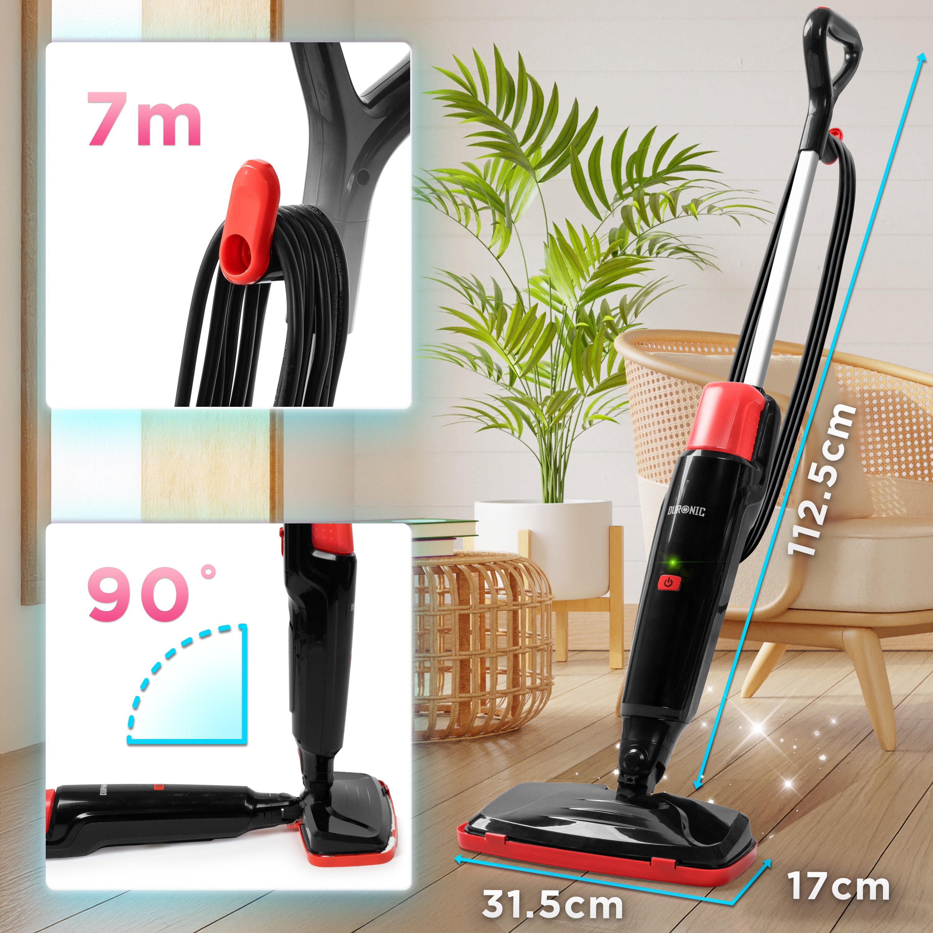 Zoomgoods STM15 BK Steam Mops with product dimension and cord dimension
