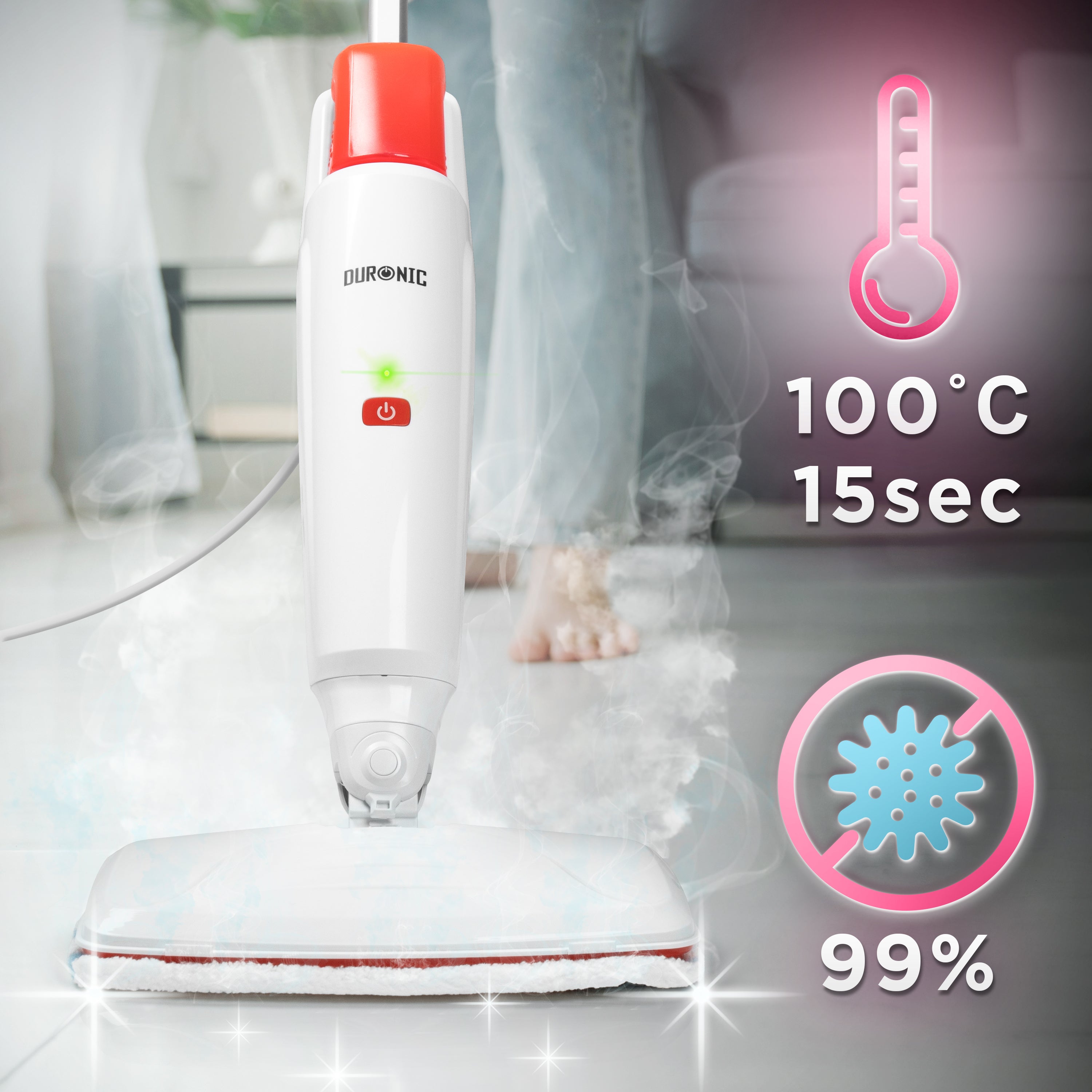 Zoomgoods STM15 WE Steam Mops cleaning a tiled floor, highlighting a 100°C temperature reached in 15 seconds and a 99% bacteria elimination rate.
