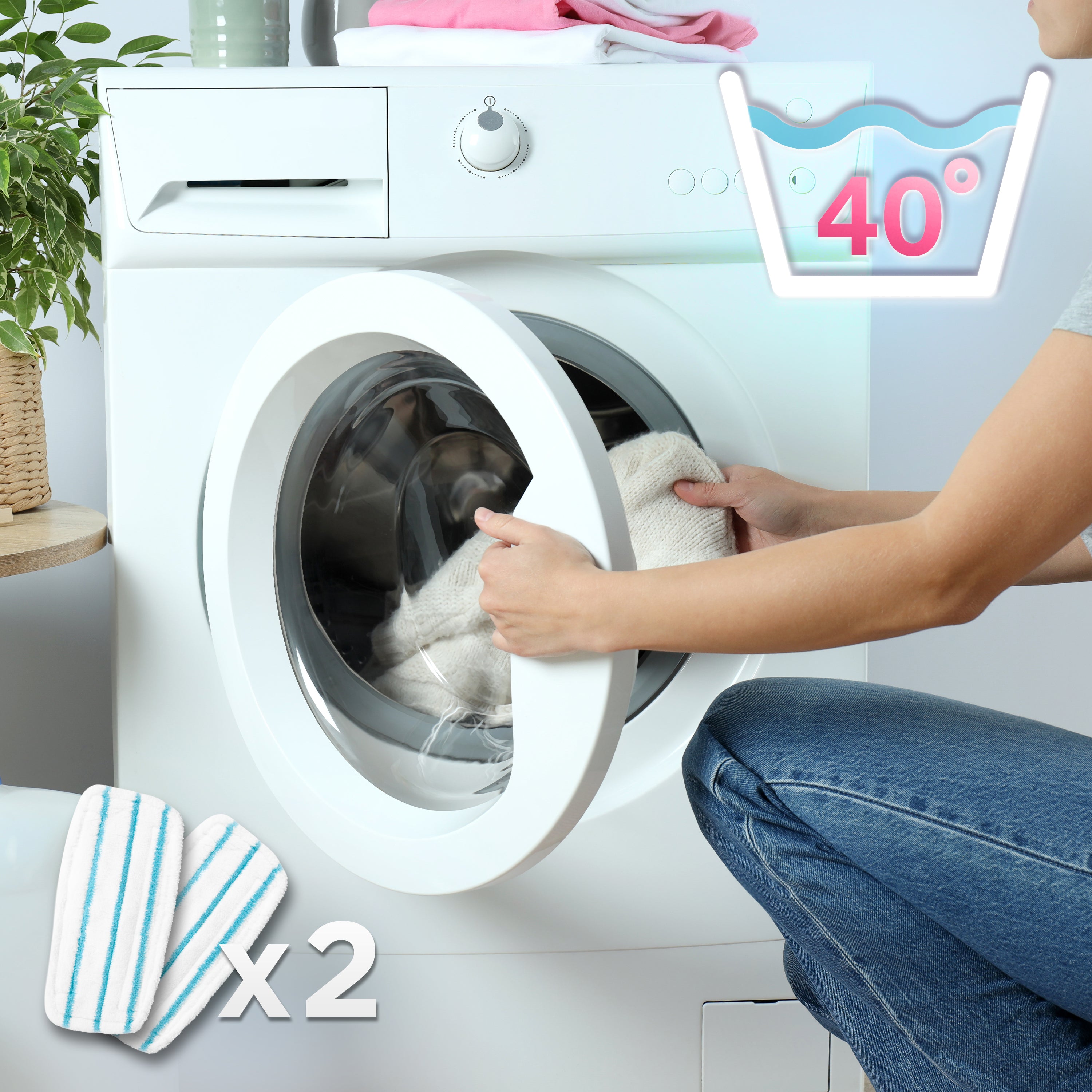 Zoomgoods STM15 WE Steam Mops loading a white front-load washing machine with a reusable mop pad, featuring a 40°C wash temperature icon.
