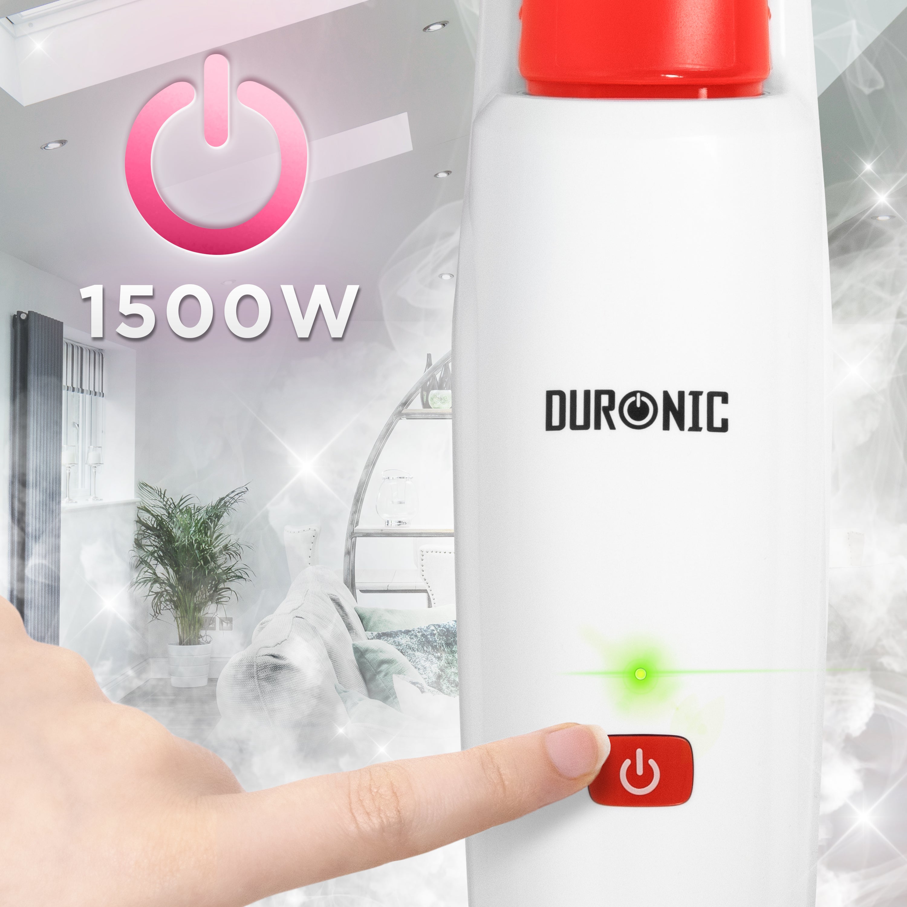 Zoomgoods STM15 WE Steam Mops power button on a white 1500W Zoomgoods steam cleaner featuring a green indicator light