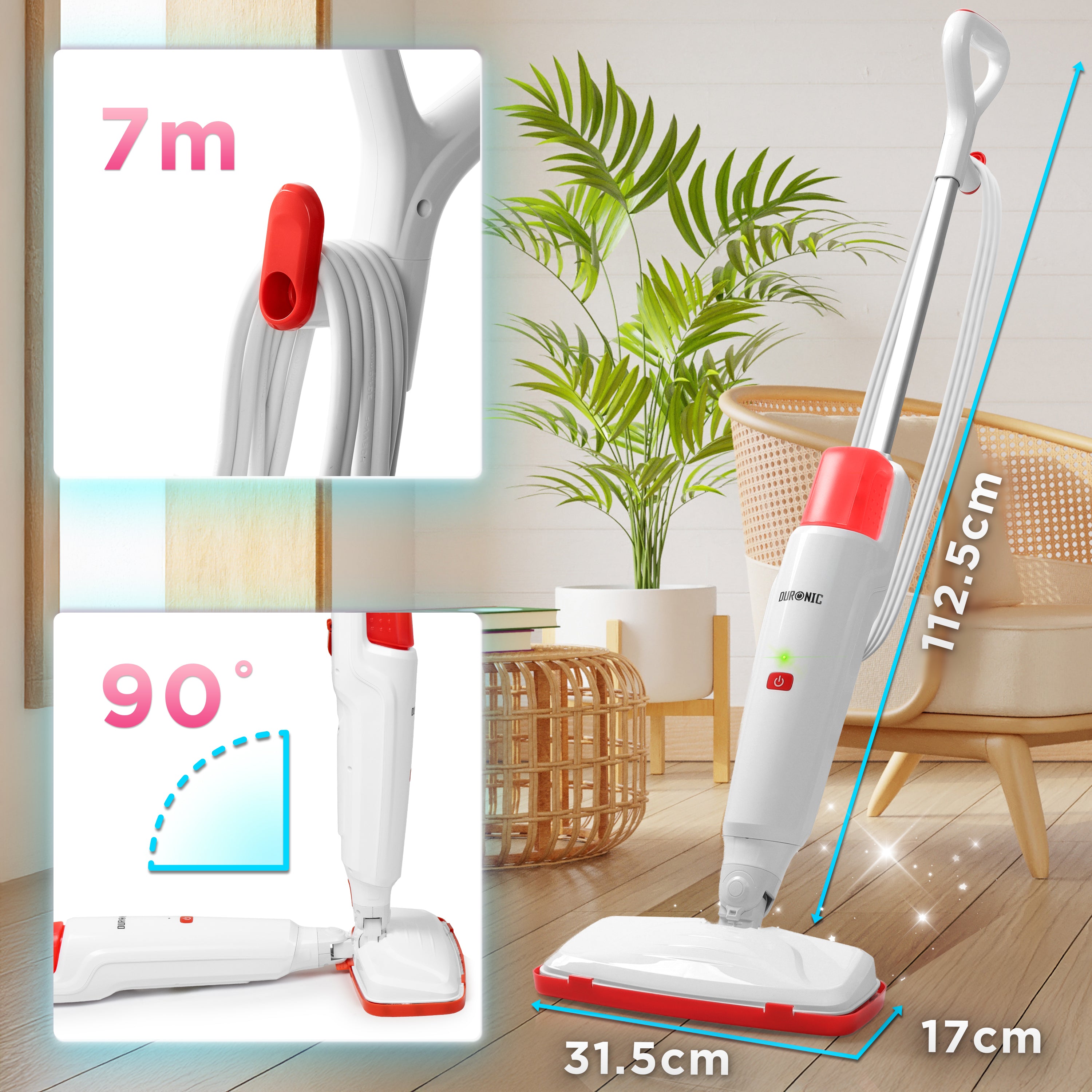 Zoomgoods STM15 WE Steam Mops with product dimension and cord dimension