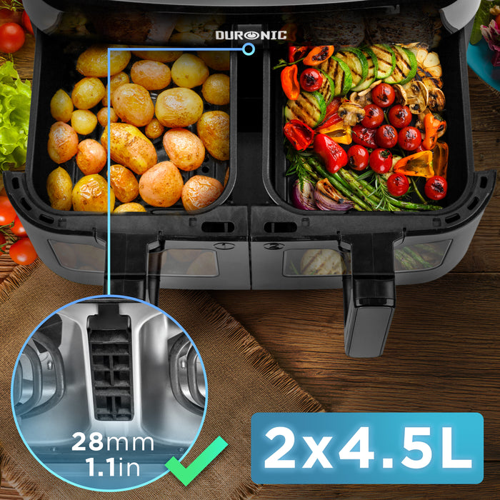 Zoomgoods Twin Drawers AFD2 BK Featuring two 4.5L compartments filled with roasted potatoes and mixed grilled vegetables, highlighting a 28mm (1.1in) internal divider.