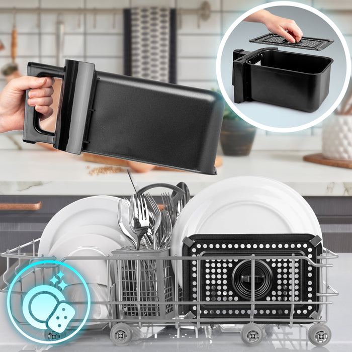 Zoomgoods Twin Drawers AFD2 BK basket and removable crisping tray, shown both in use and conveniently placed in a dishwasher rack for easy cleaning.