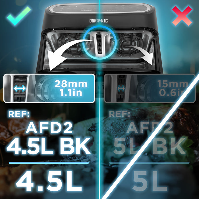 Zoomgoods Twin Drawers AFD2 BK comparison image showing that air fryer accessory is compatible with the Zoomgoods AFD2 4.5L BK model featuring a 28mm (1.1in) center gap, but not the 5L model with a 15mm gap.