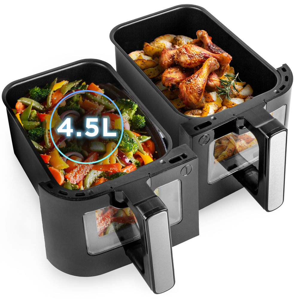 Zoomgoods Twin Drawers AFD2 BK with 4.5L capacity drawers featuring viewing windows, shown filled with roasted vegetables in one side and chicken drumsticks with potatoes in the other.