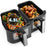 Zoomgoods Twin Drawers AFD2 BK with 4.5L capacity drawers featuring viewing windows, shown filled with roasted vegetables in one side and chicken drumsticks with potatoes in the other.