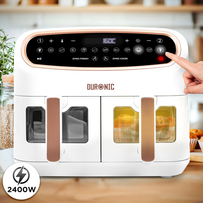 Zoomgoods XXL Digital Air Fryer white and rose gold Zoomgoods 2400W dual basket air fryer featuring a digital touch control panel and viewing windows to monitor cooking progress.