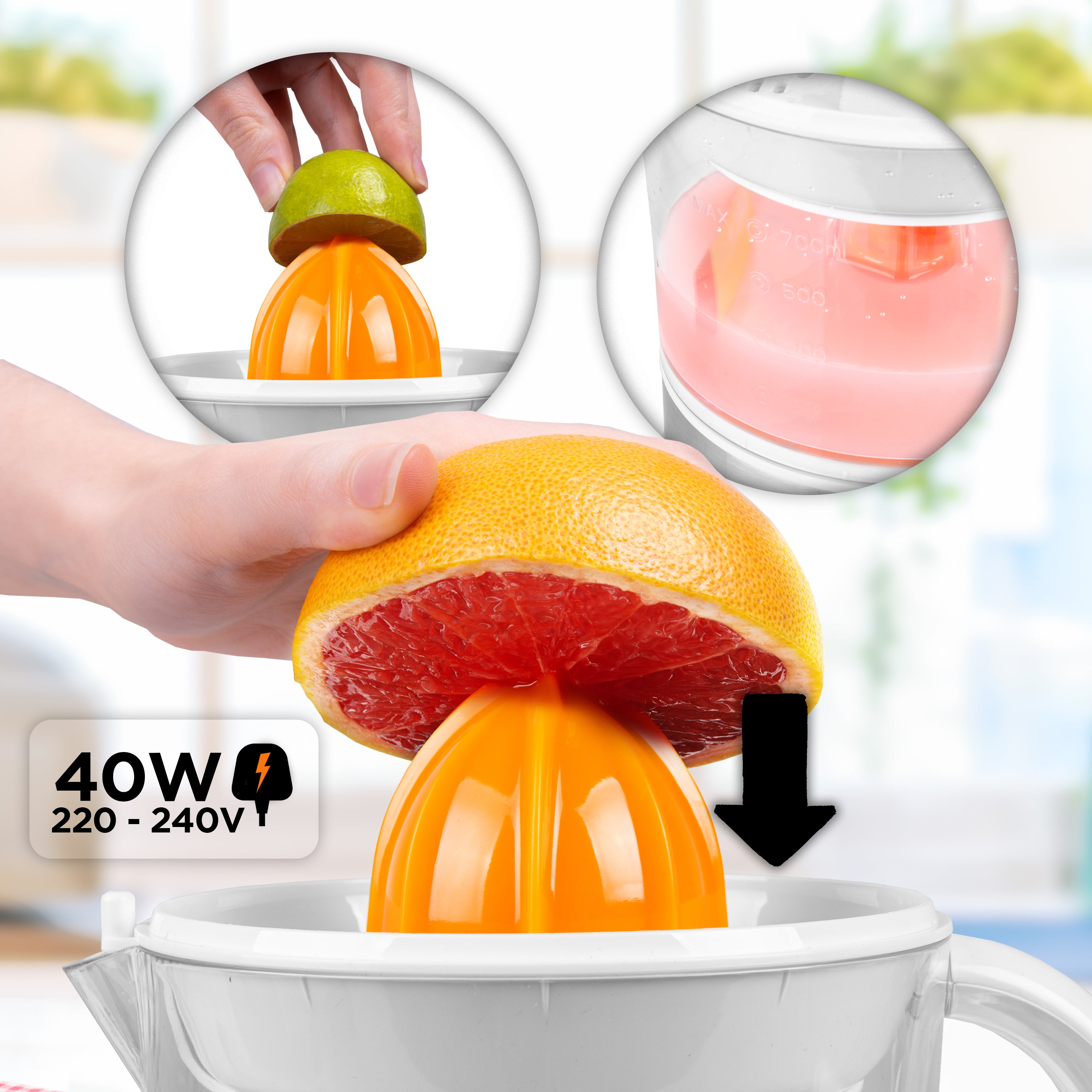 Zoomgoods Electric Citrus Juicer JE407 Lemon Juicer 40W Citrus Press with Adjustable Pulp Filter Fresh Orange Juice Maker Extractor for Lemons, Limes, Grapefruits With 2 Sized Juicing Cones Black