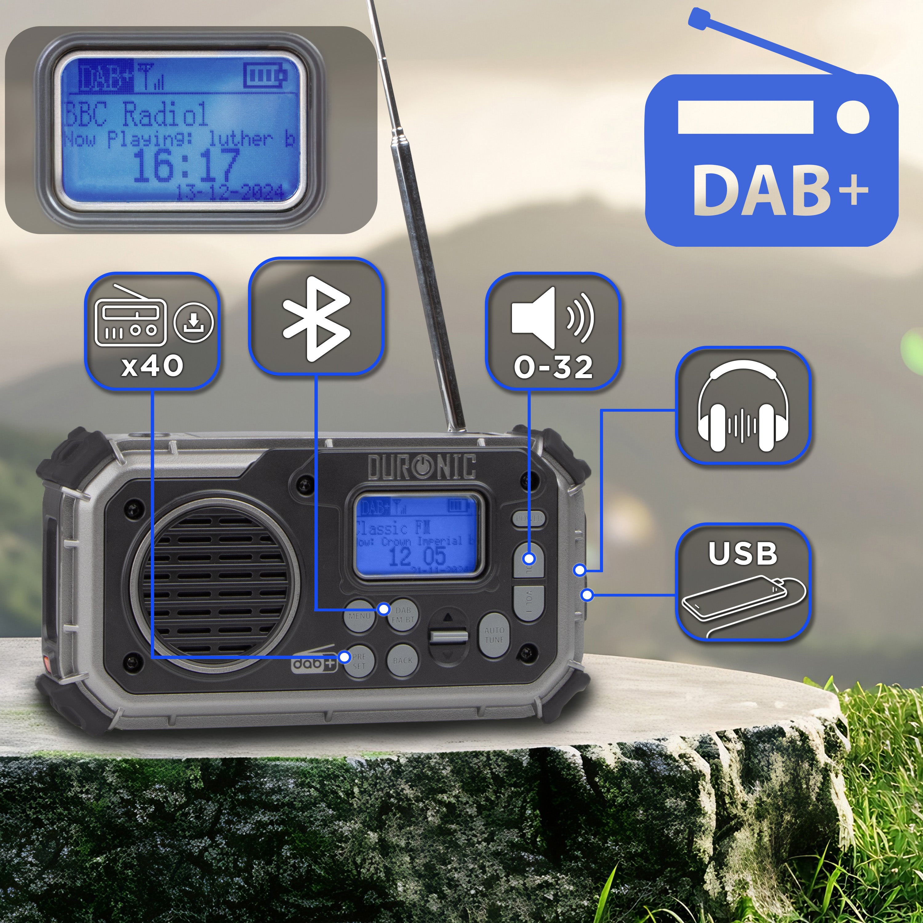 Zoomgoods Portable DAB Radio SDAB1 Bluetooth DAB+ Radios Hand Crank Battery Radio Solar Radio 4-Way Rechargeable Emergency Flashlight Digital FM Radios with SOS Alarm for Camping Hiking Outdoor