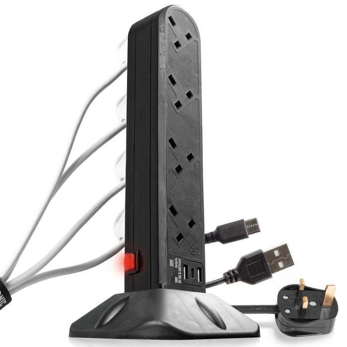 Zoomgoods Surge Protected Extension Lead ST8B Tower Extension Leads with USB Multiplug Adapter Cord for UK Plugs 8 Way with 2x USB Slots and 1x USB-C Slot Long Black Power Cords Multi Outlet Socket