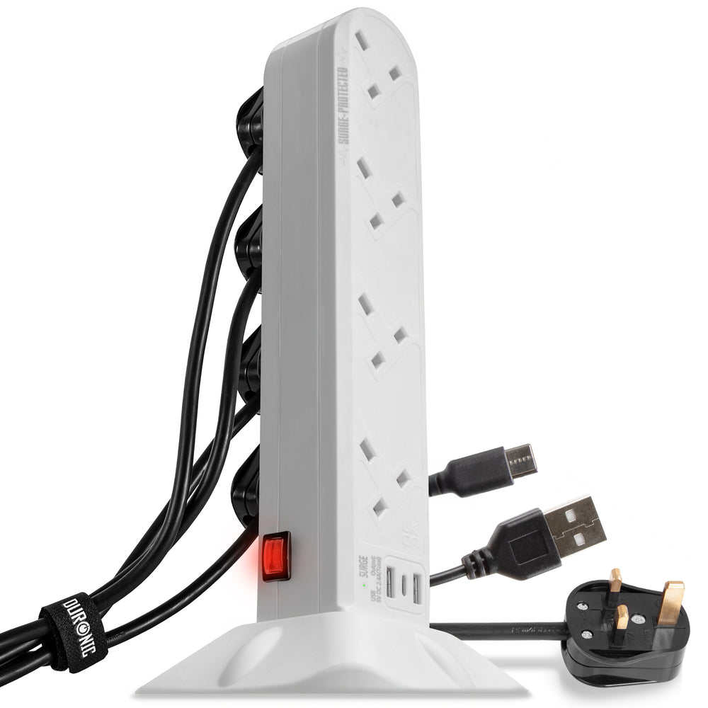 Zoomgoods Surge Protected Extension Lead ST8W Tower Extension Leads with USB Multiplug Adapter Cord for UK Plugs 8 Way with 2x USB Slots and 1x USB-C Slot Long White Power Cords Multi Outlet Socket