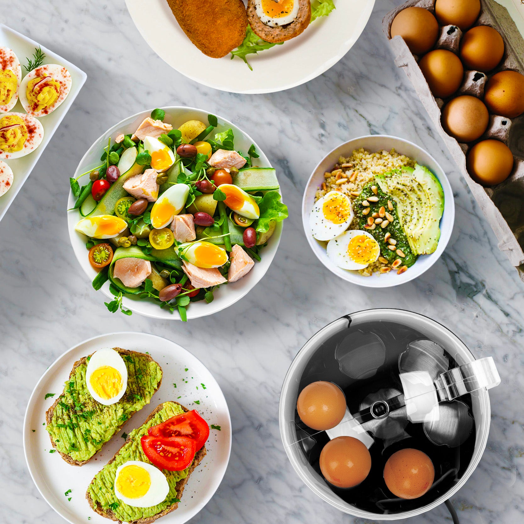 Various foods like egg salad, avocado egg on toast, made using the Zoomgoods EB27 BK electric egg boiler