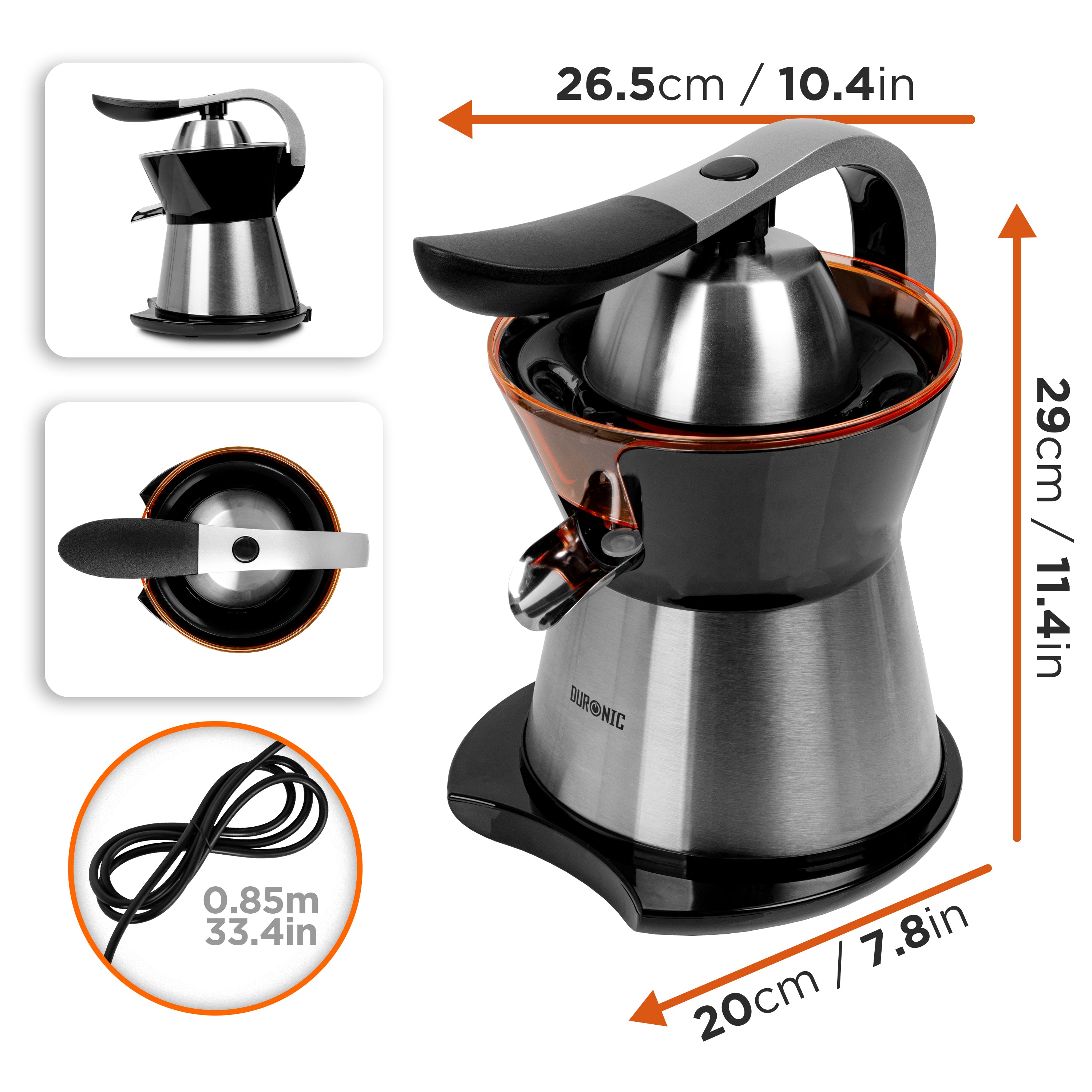 Zoomgoods Electric Citrus Juicer JE304, 2 Interchangeable Lemon Squeezer Cones, 300W Electric Hand Press with Adjustable Pulp Filter and Pouring Spout, Ideal for Fresh Orange, Lime juice