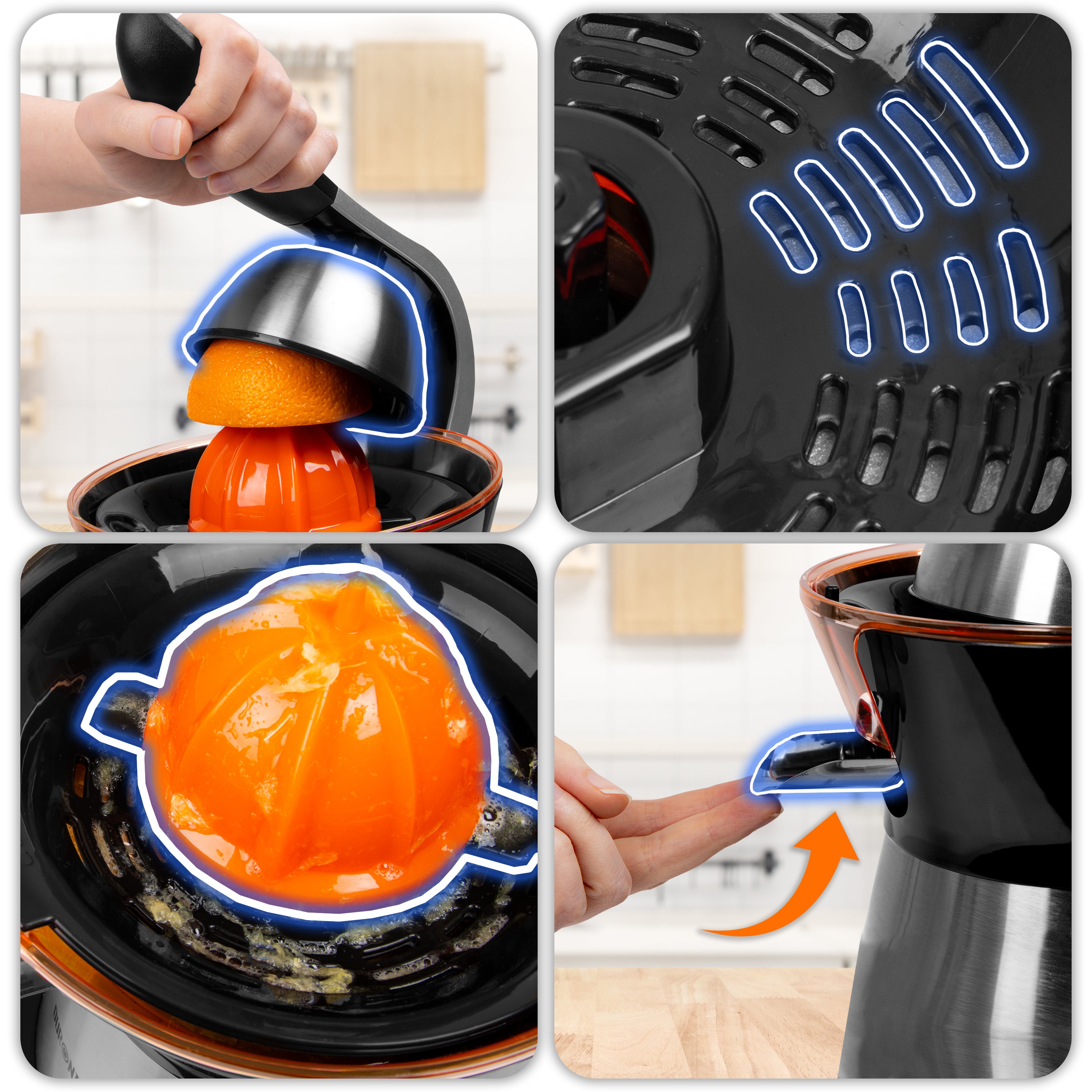 Zoomgoods Electric Citrus Juicer JE304, 2 Interchangeable Lemon Squeezer Cones, 300W Electric Hand Press with Adjustable Pulp Filter and Pouring Spout, Ideal for Fresh Orange, Lime juice
