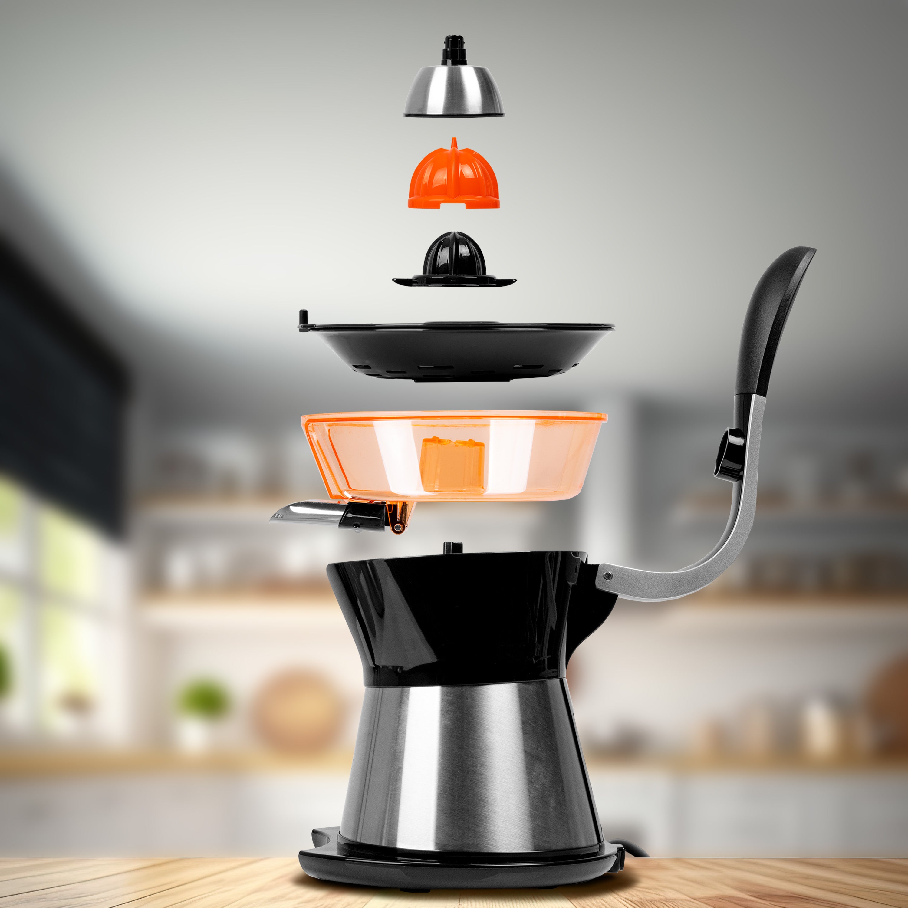 Zoomgoods Electric Citrus Juicer JE304, 2 Interchangeable Lemon Squeezer Cones, 300W Electric Hand Press with Adjustable Pulp Filter and Pouring Spout, Ideal for Fresh Orange, Lime juice