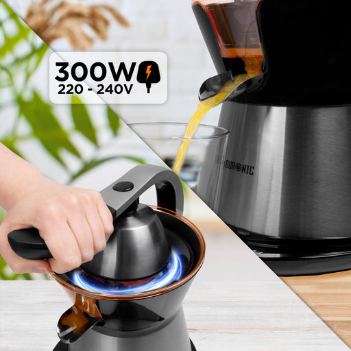 Zoomgoods Electric Citrus Juicer JE304, 2 Interchangeable Lemon Squeezer Cones, 300W Electric Hand Press with Adjustable Pulp Filter and Pouring Spout, Ideal for Fresh Orange, Lime juice