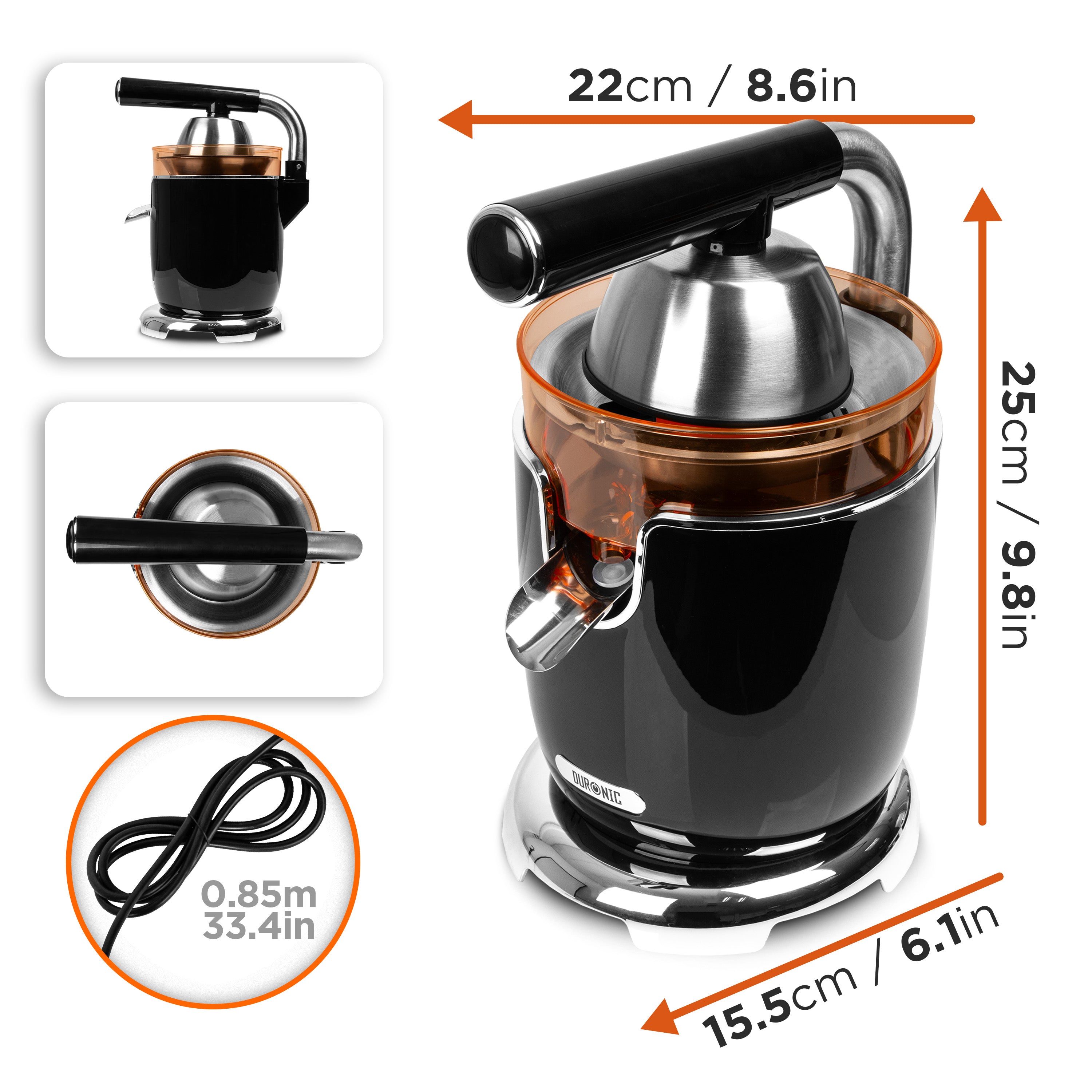 Zoomgoods Electric Citrus Juicer JE605, 2 Sized Orange Squeezer Cones,600W Citrus Press with Adjustable Pulp Filter, Pouring Spout for Freshly Squeezed Juice from Lemons and Limes