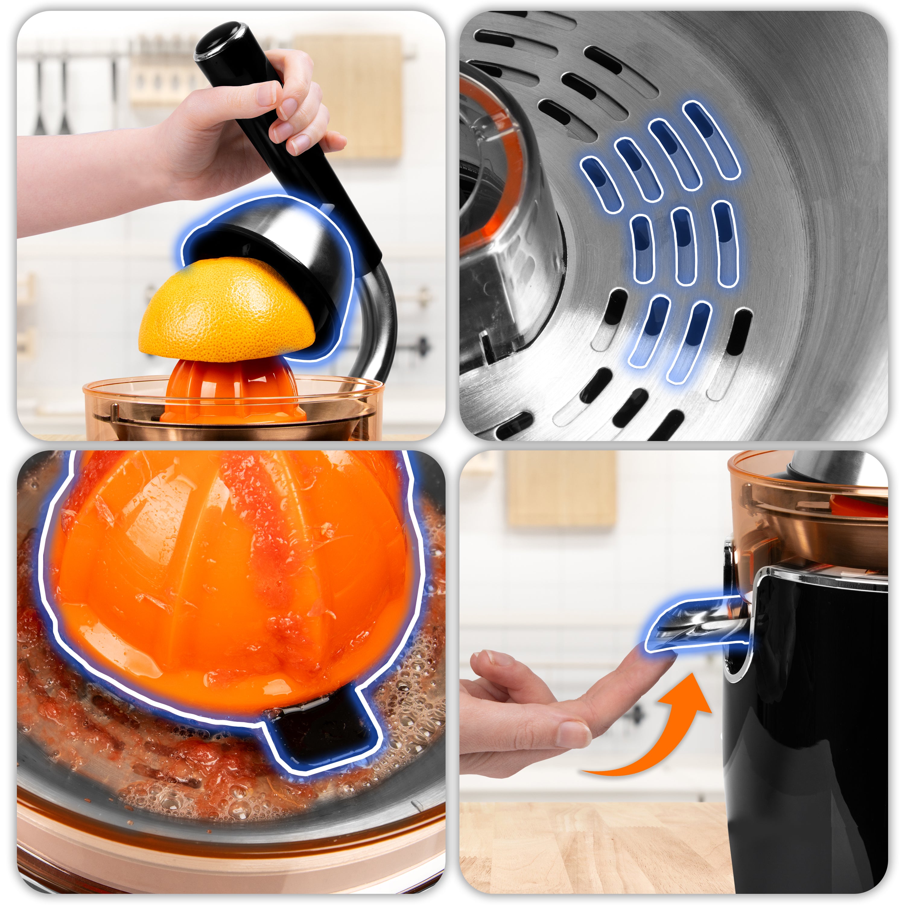 Zoomgoods Electric Citrus Juicer JE605, 2 Sized Orange Squeezer Cones,600W Citrus Press with Adjustable Pulp Filter, Pouring Spout for Freshly Squeezed Juice from Lemons and Limes