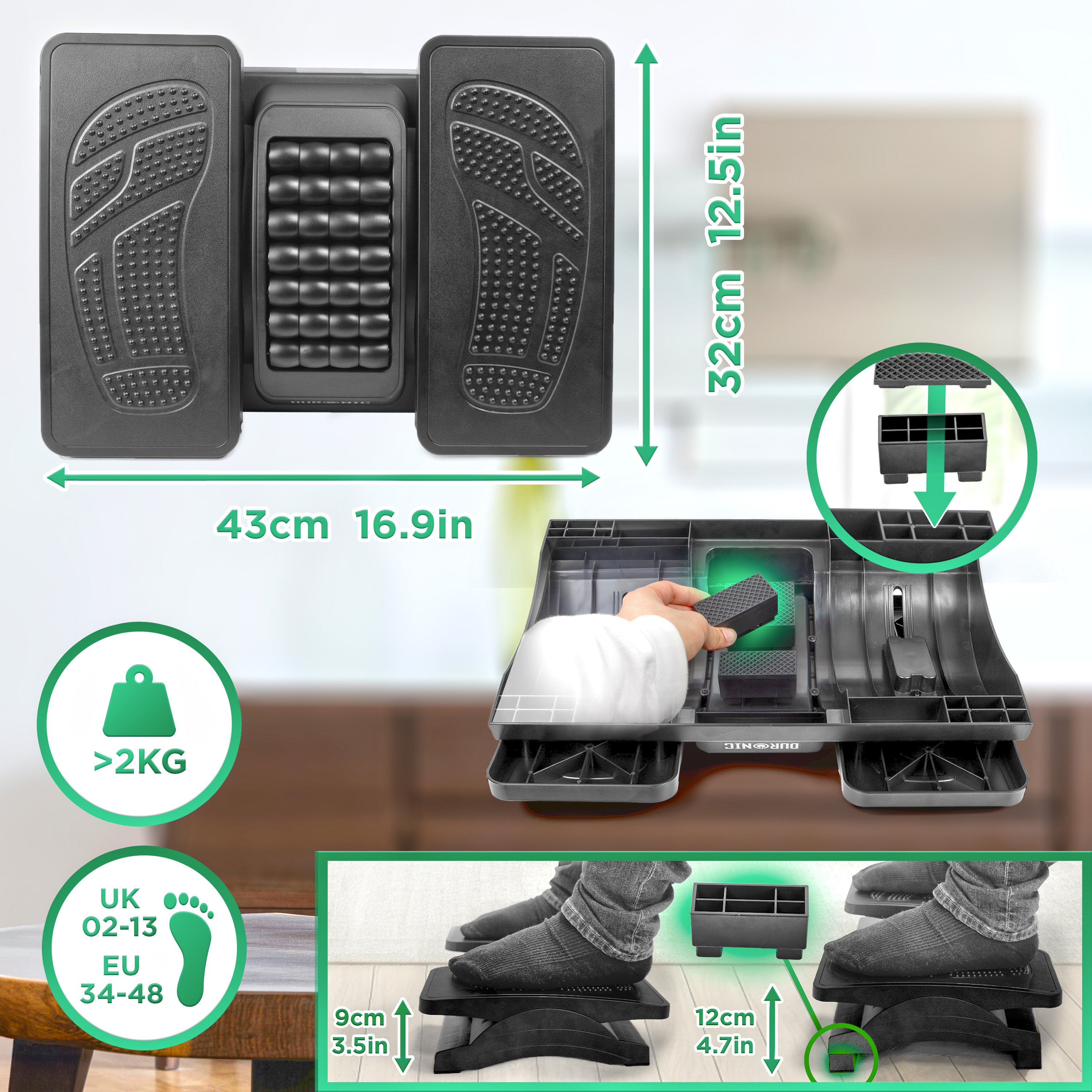 Zoomgoods FT04 Ergonomic Footrest: Adjustable Tilt and Height, Massage Rollers, Textured Surface - Alleviate Foot Pain, Fatigue and Stress for Office, Home, and Students.