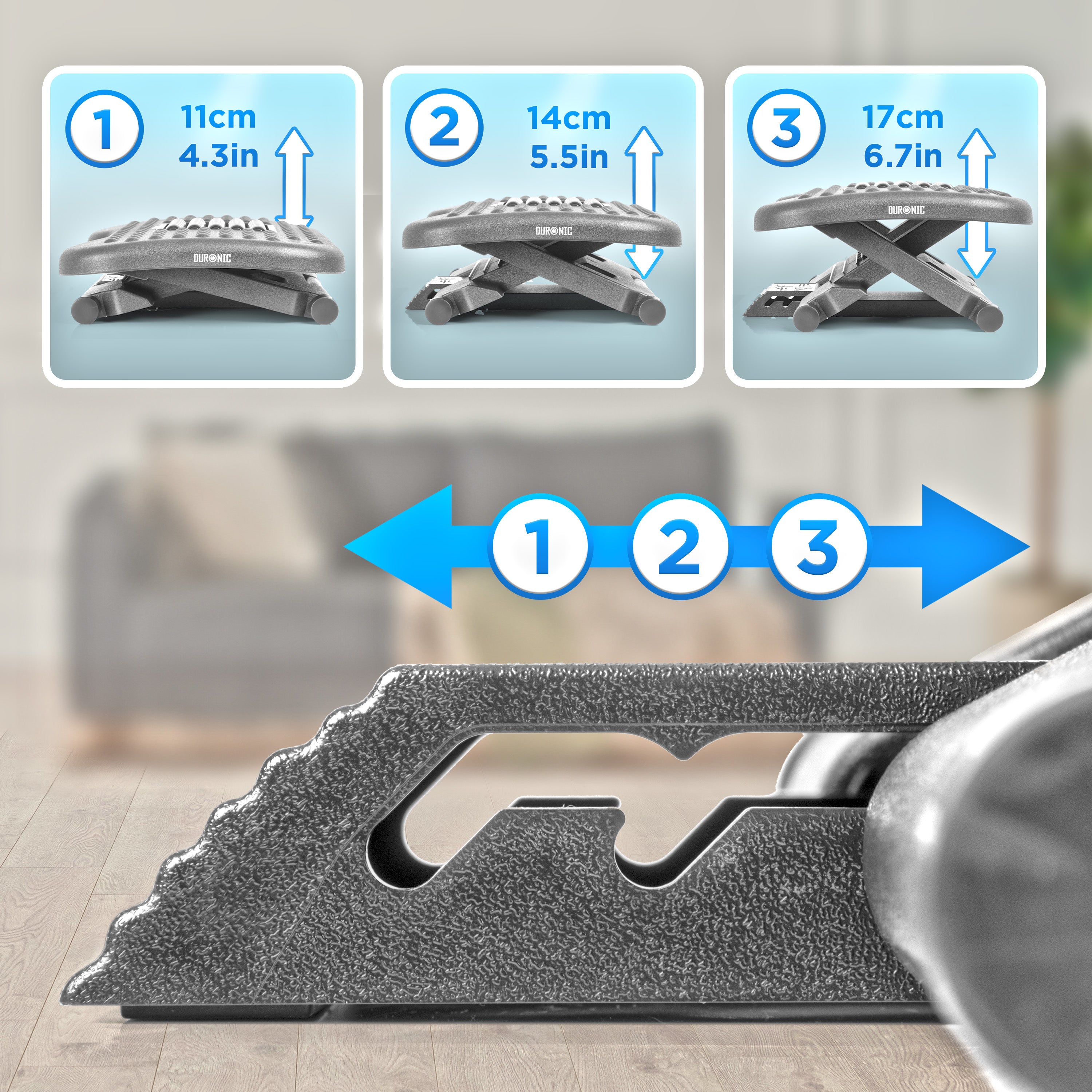 Zoomgoods Ergonomic Footrest FT03 with Adjustable Tilt, 3 Height Levels, Massage Rollers, Textured Surface for Stress Relief, Foot Pain and Fatigue, Under-Desk for Office, Home, Students, Gamers