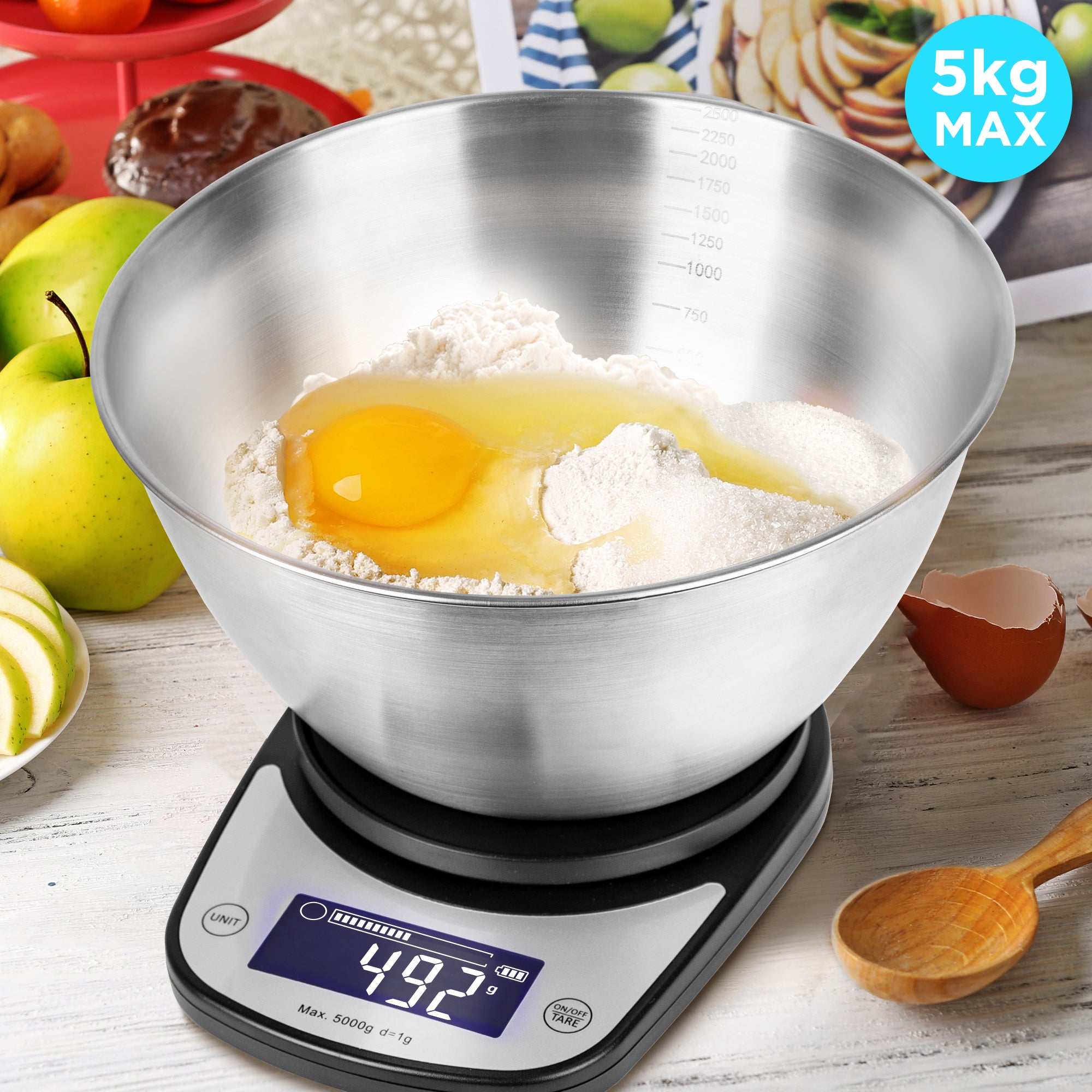 Zoomgoods Digital Kitchen Scale KS5000 BK/SS Kitchen Scales with Bowl, Weighing Scale, Baking Scale for Cooking Baking Pet Food Postal, Food Scale Weight Scale, Electronic Scale with Backlit LCD Display