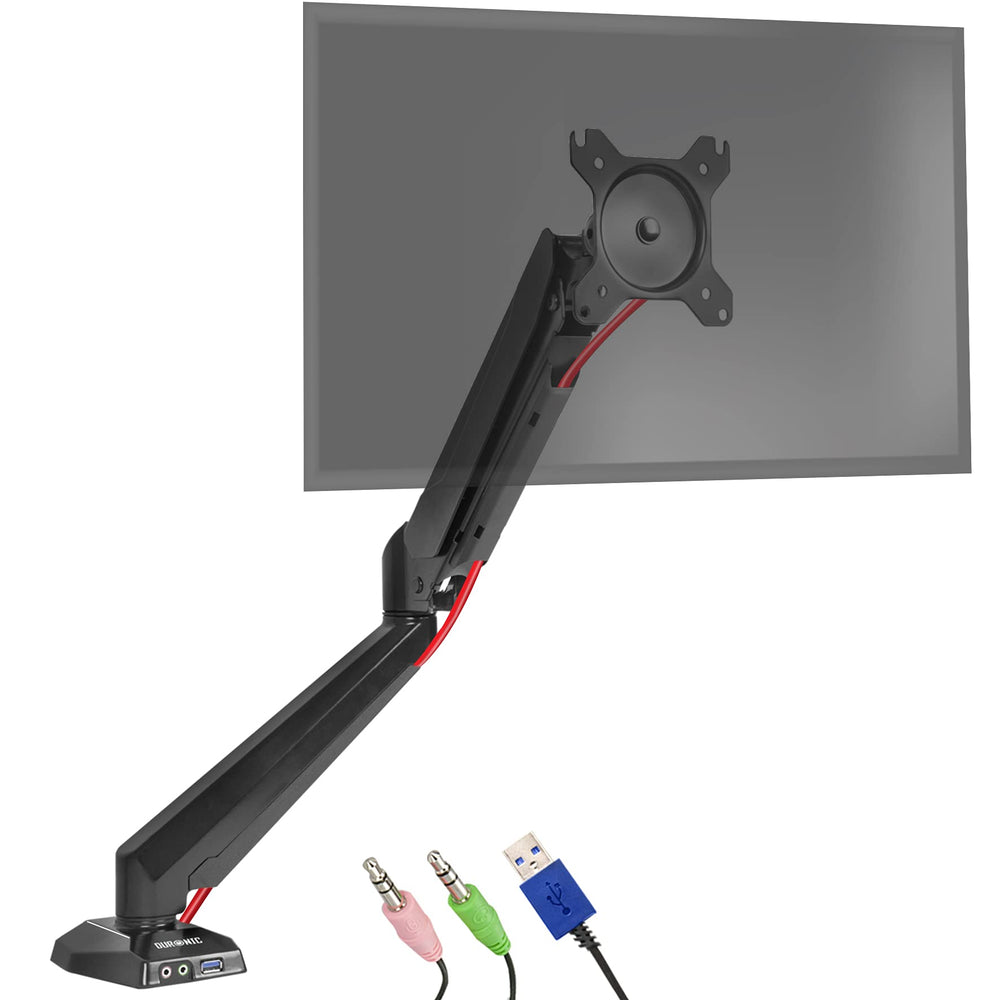 Zoomgoods Monitor Arm Stand DMUSB5X1 | Single PC Desk Mount | Headphone, USB, Microphone Extension Sockets | 13-27” LED LCD Screen | VESA 75/100 | Full Motion (Tilt -90°/+85°, Swivel 180°, Rotate 360°)